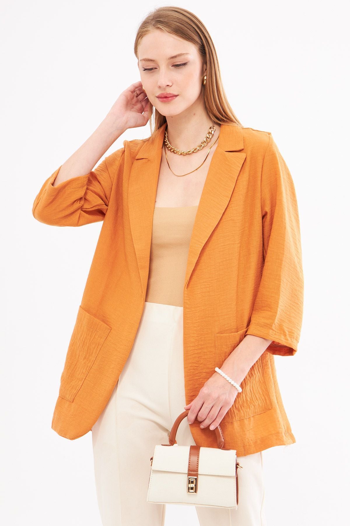 Female tile linen-looking pocket overwheeling jacket ARM-24Y001065