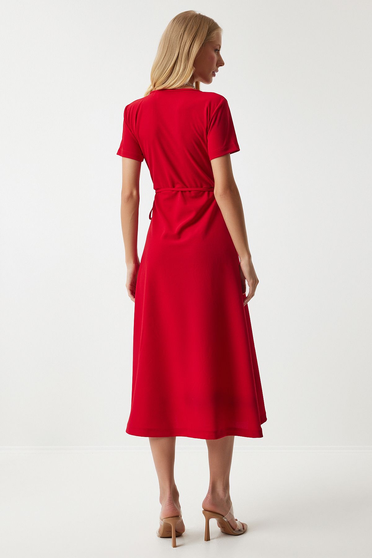 Woman Red V -Yaka Anvelop Midi Knitting Dress to00134