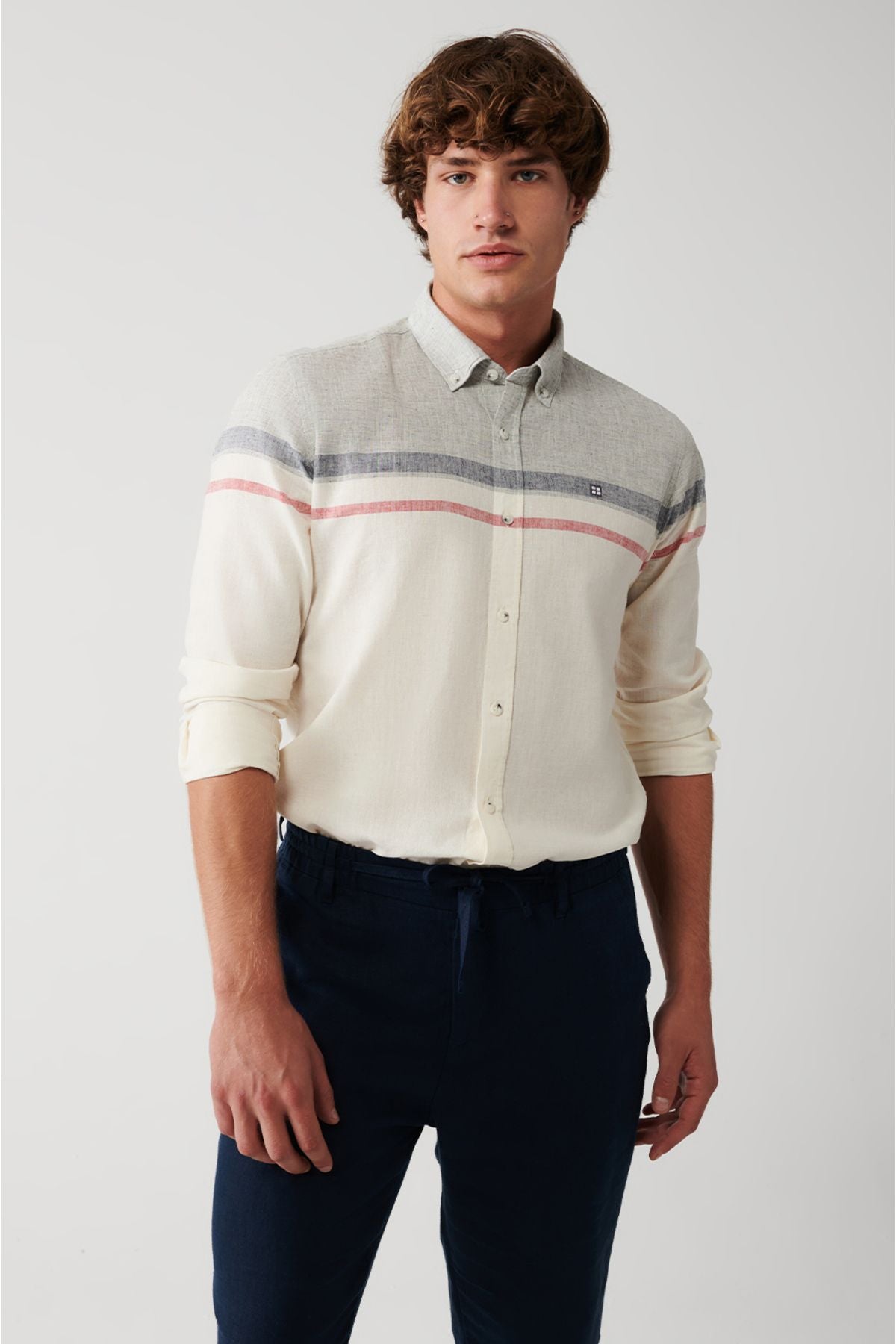 Men's white cotton linen mixed striped shirt A31y2269