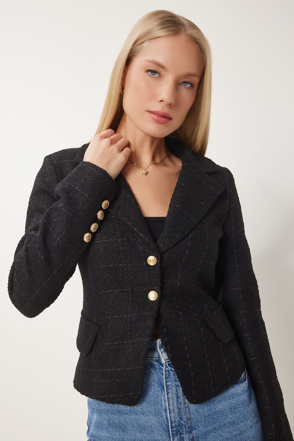 Female Black Dore Button Tüvit Woven Jacket WF00091