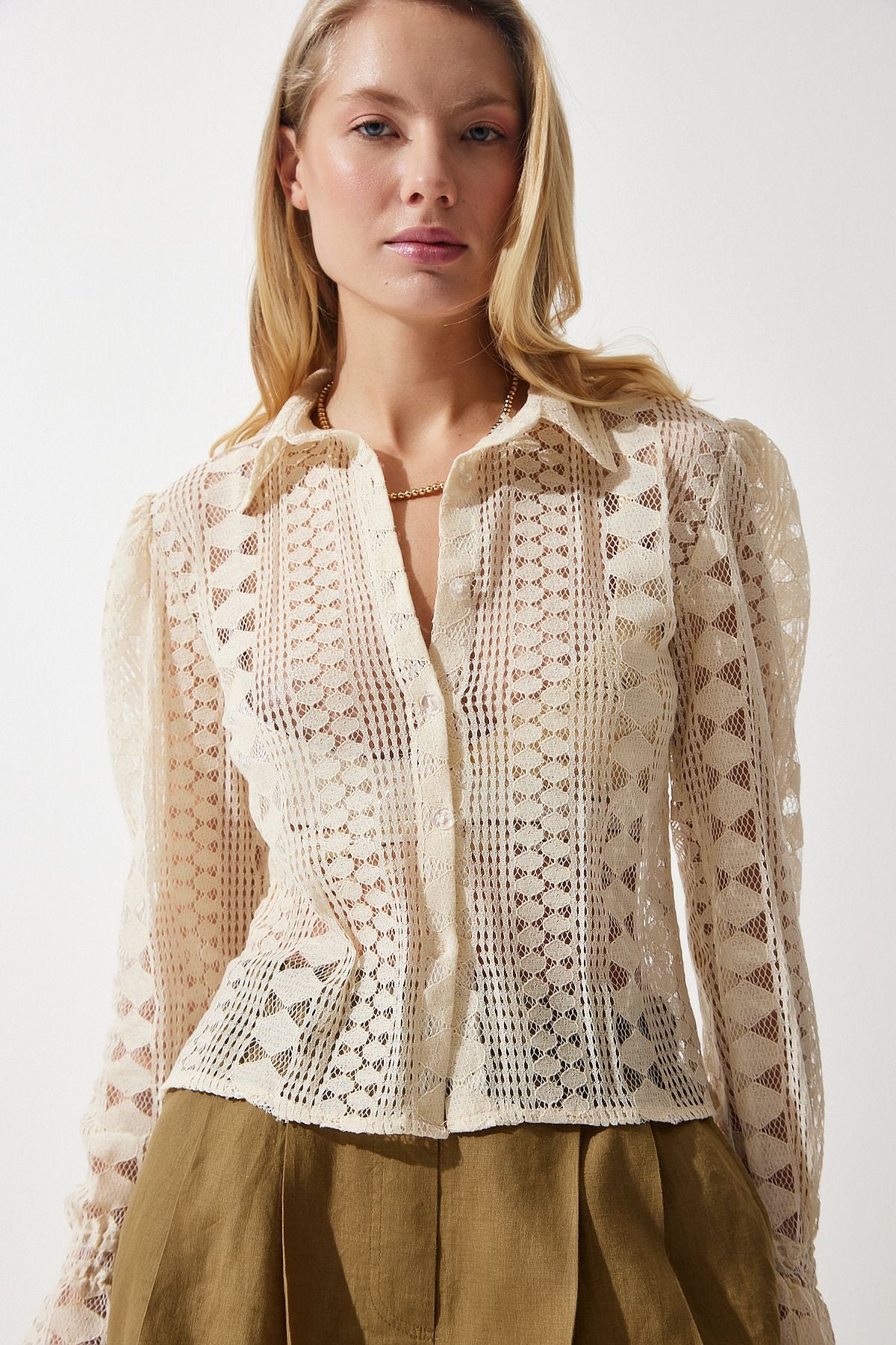 Female Beige Lace Transparent Shirt TP00028