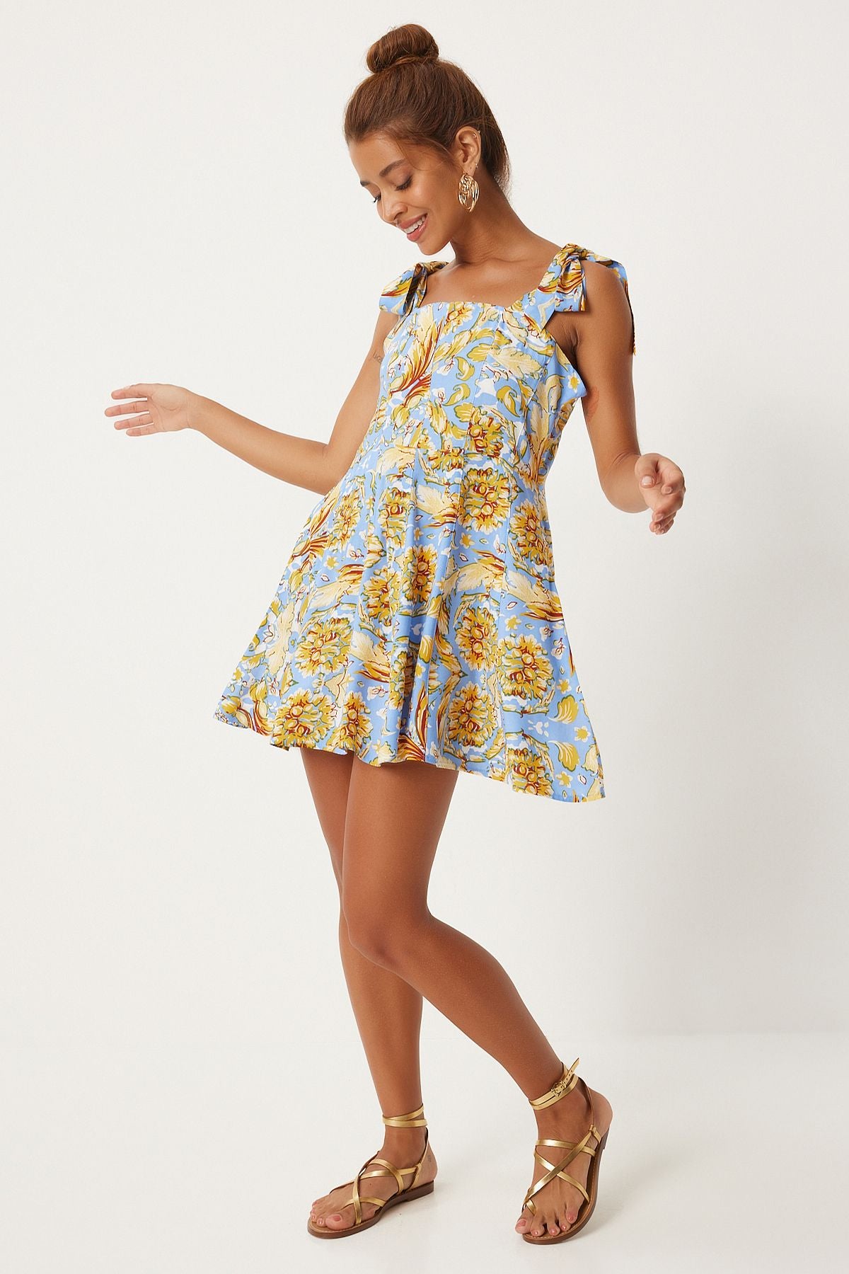 Woman Sky Blue Yellow Thick Simple Patterned Summer Mini Viscose Dress FN03238