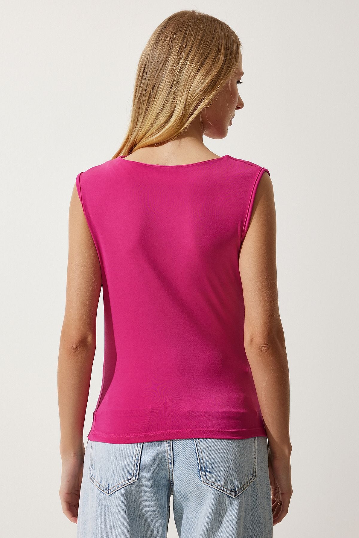 Woman Pink Shirred Sleeveless Knitting Blouse YU00015