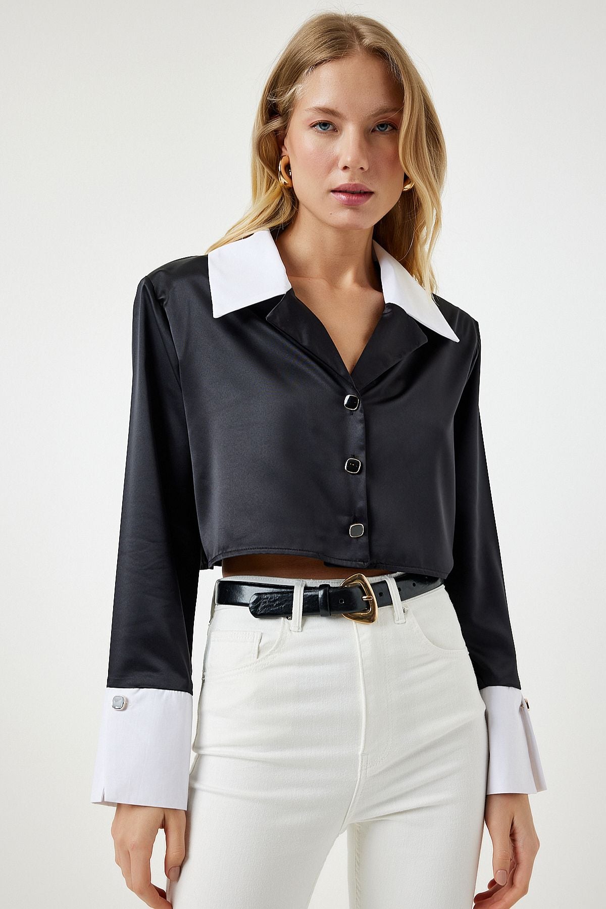 Crop Shirt with Satin Surface with Women Black Style button SF00017