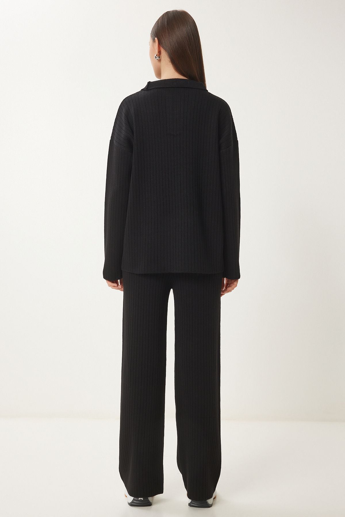 Female black zipper wick knitwear sweater pants set PF00105