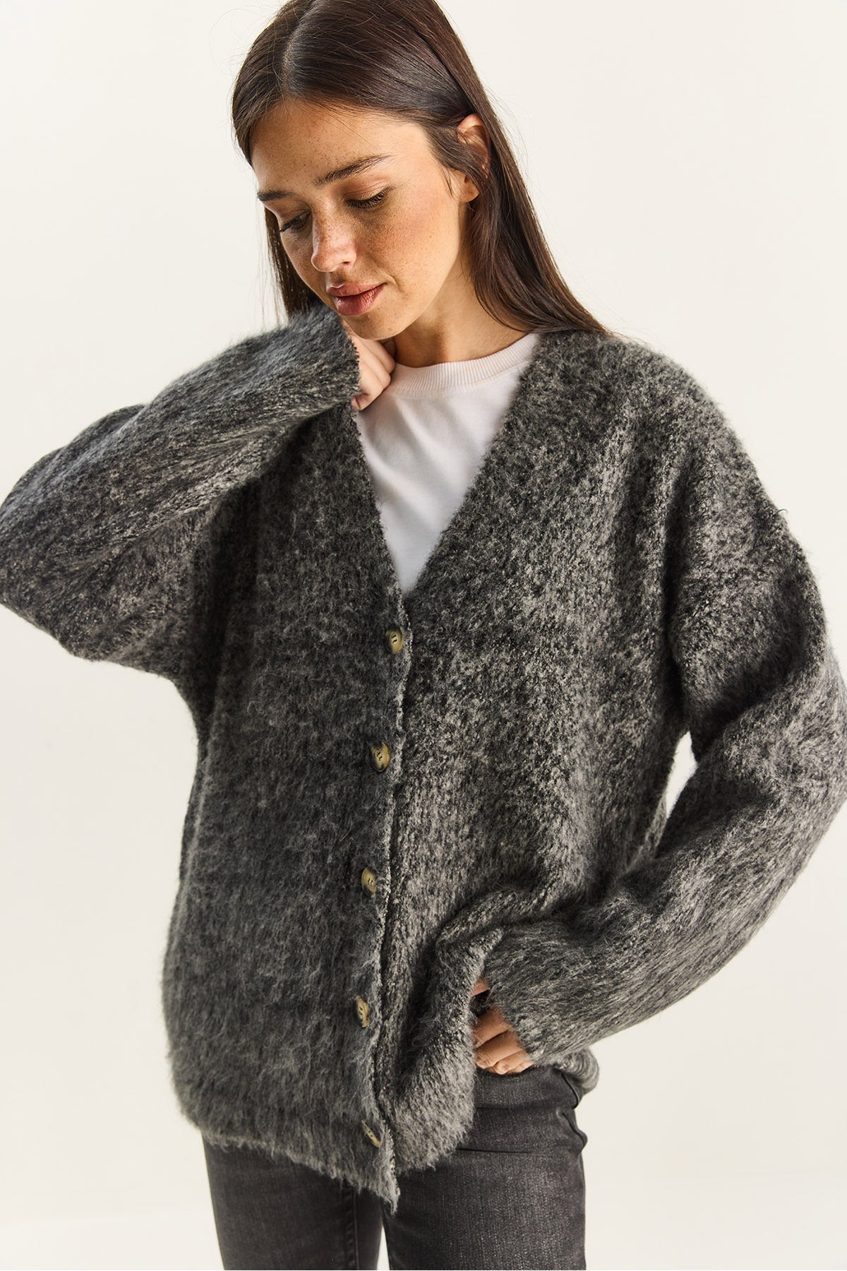 Women's V-Neck Rose Gold Buttoned Knitwear Cardigan 20258056