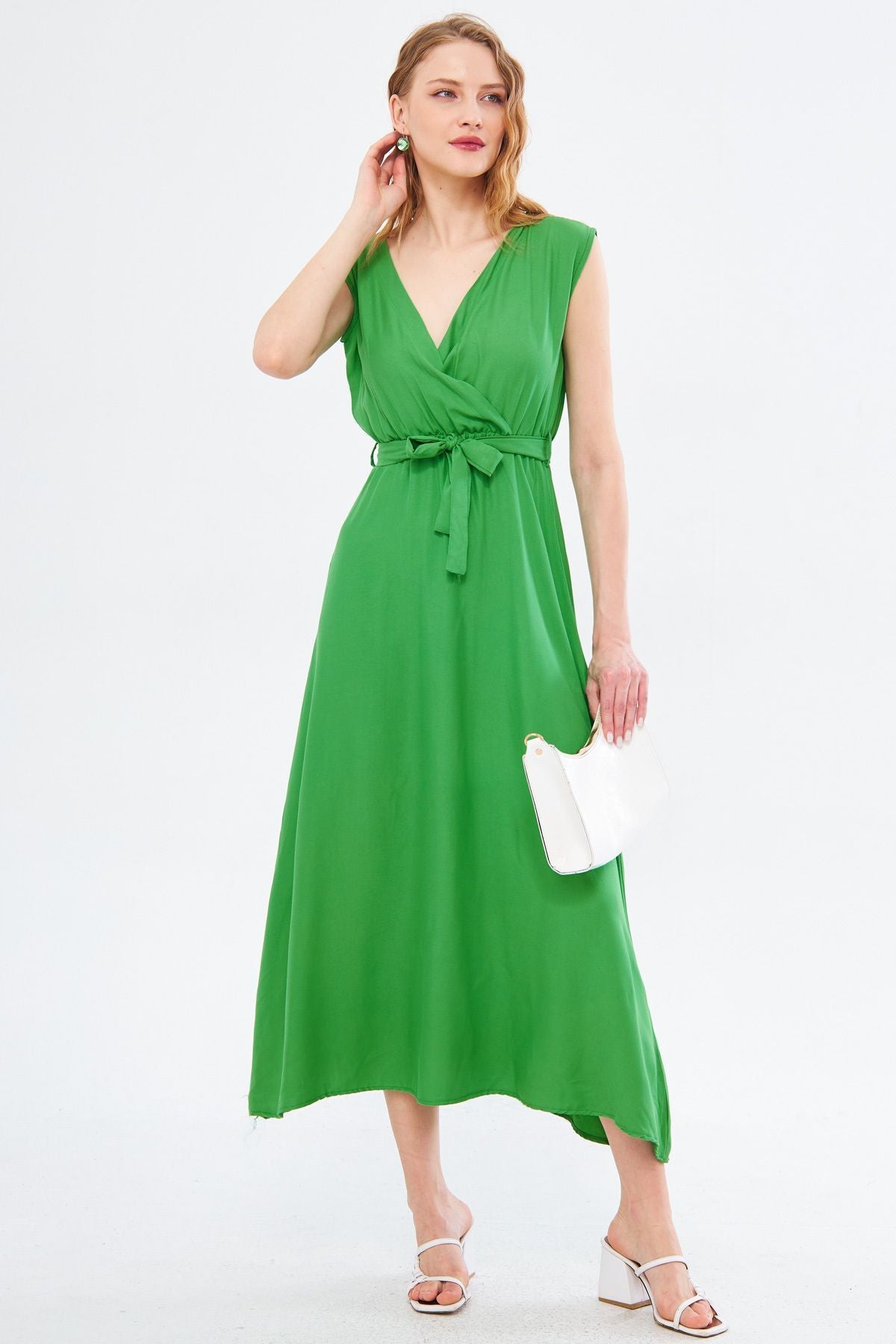 Woman Light Green Efta Dress Rear and Front Collar Cruve Belled Midi Boy ARM-24Y001027