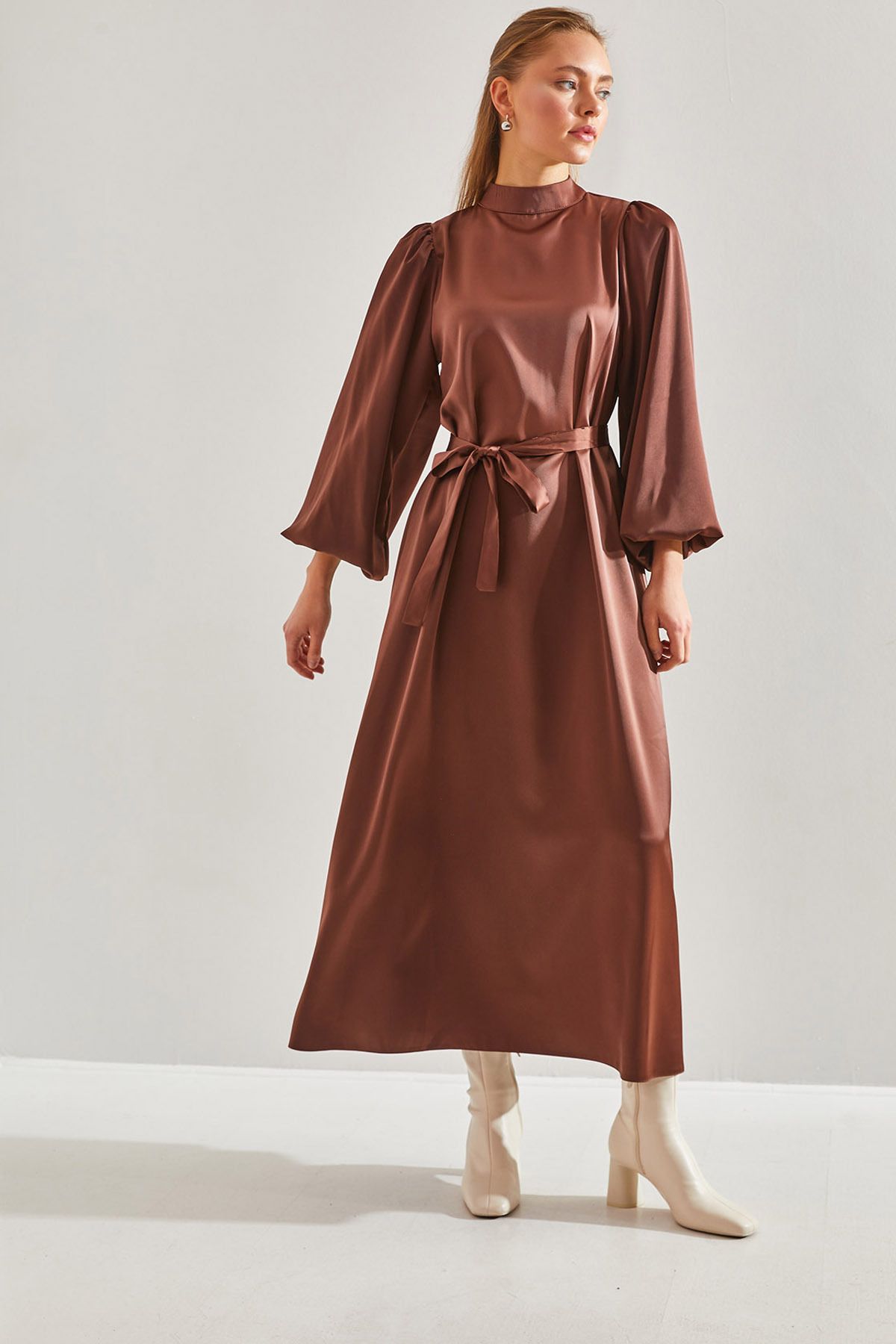 Female Balloon Sleeve Satin Hijab Dress 60151001
