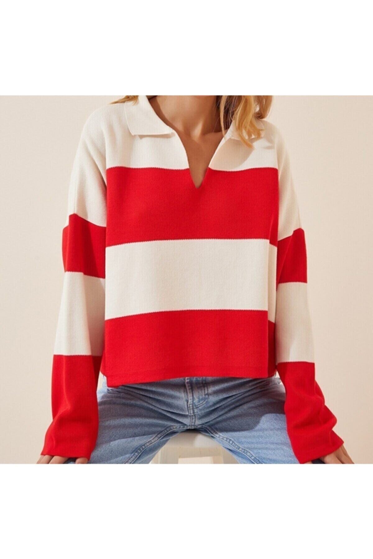 Woman Red White Polo Yaka Oversize Crop Knitwear sweater US00685