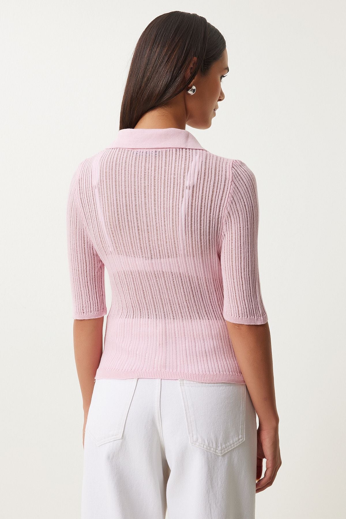 Woman Pink Polo Yaka Light Transparent Triko Blouse FN03211