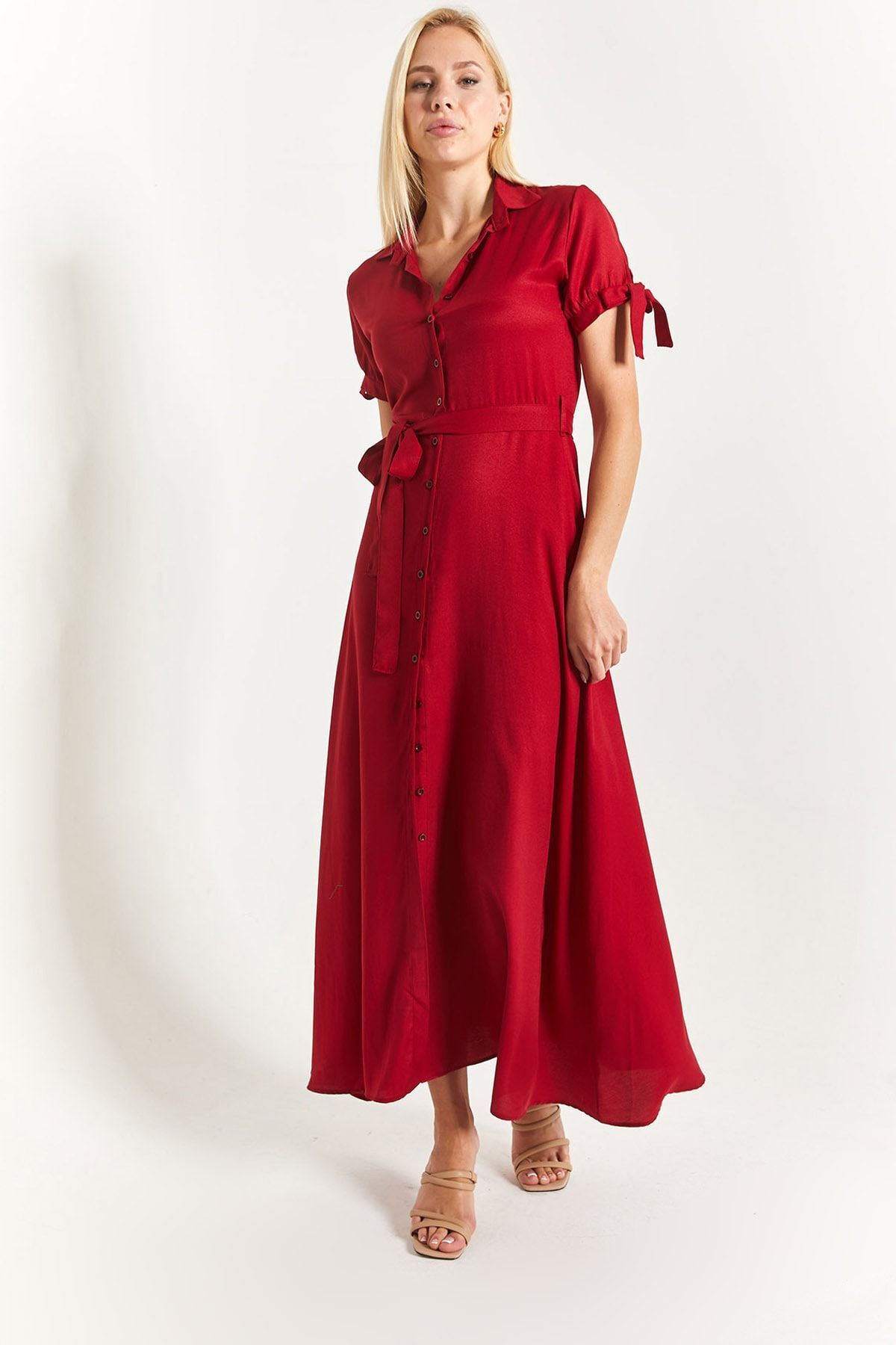 Female burgundy arm connected waist belt shirt dress ARM-23Y001004