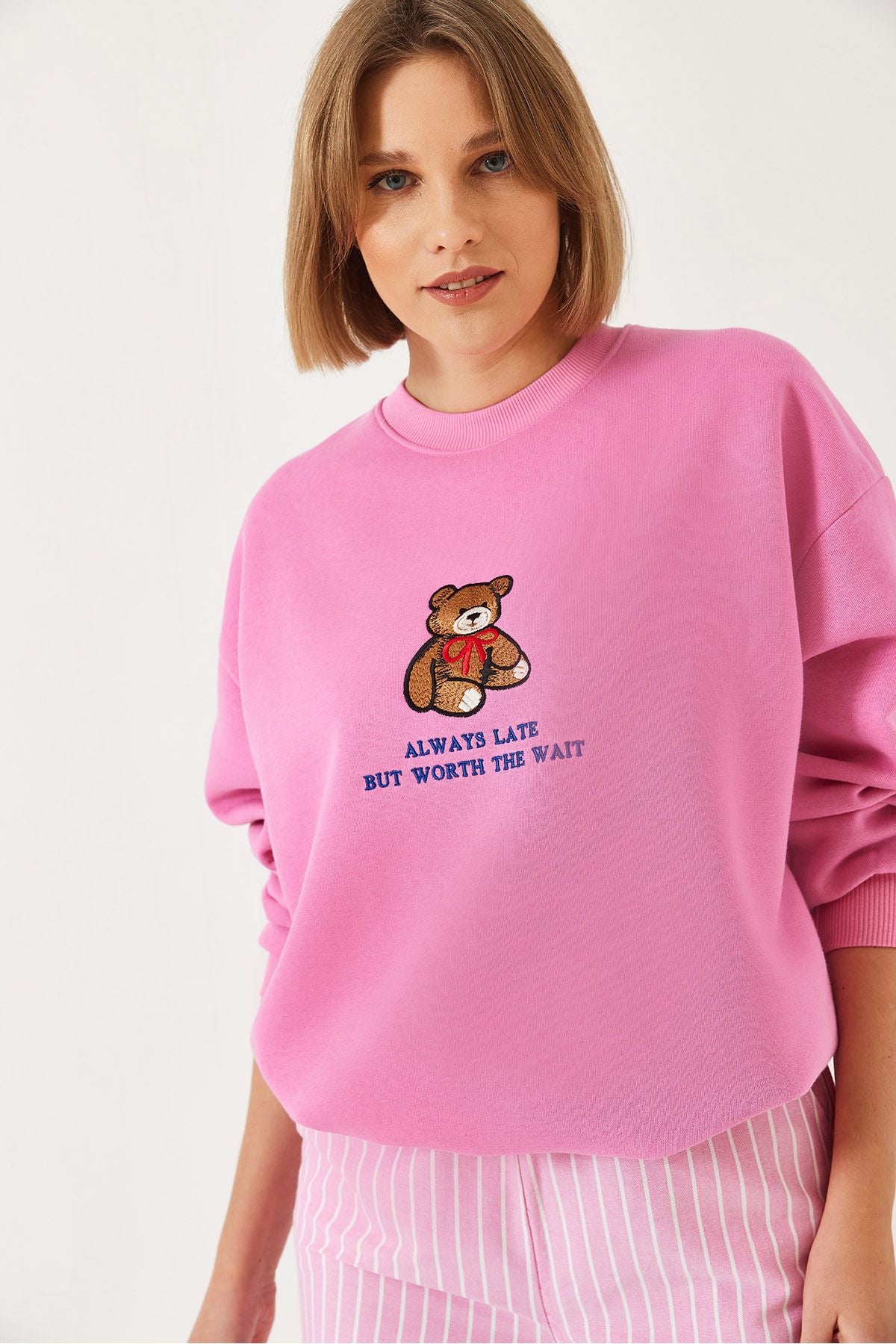 Women's Teddy Beach Printed Ribanalı Basic Sweatshirt ÖS241011 60261314