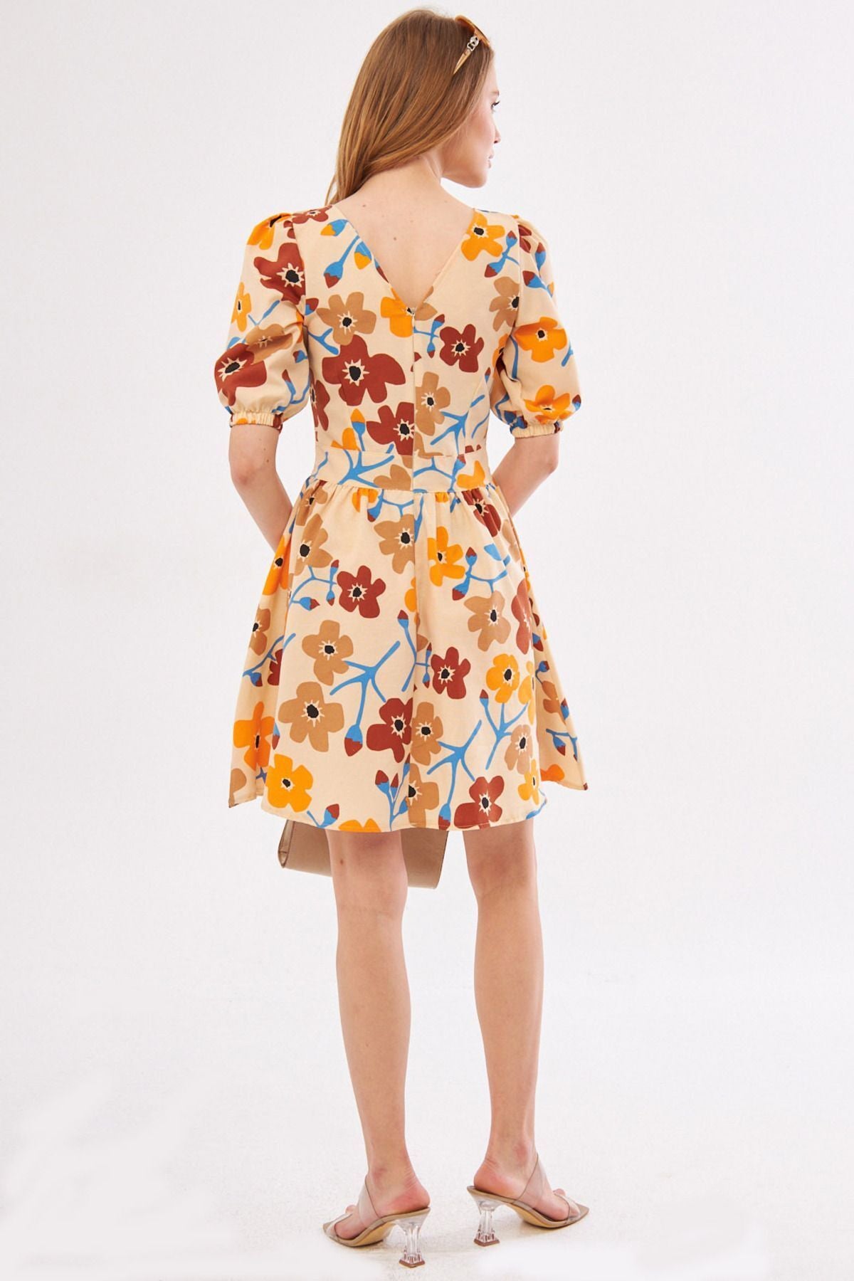 Female Beige front rear V-neck balloon sleeve belt detailed mini dress ARM-24Y001016