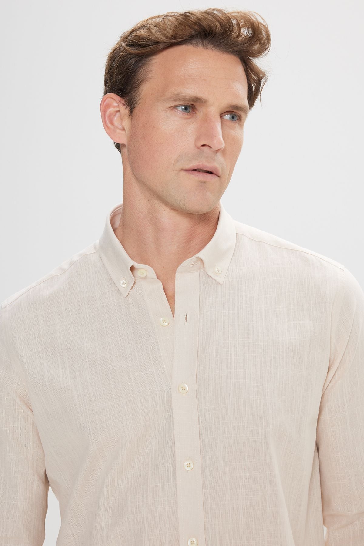 Men's Beige 100 %Cotton Breathing Fabric Flamle Oxford Slim Fit Fit Narrow Cutting Buttoned Neck Shirt