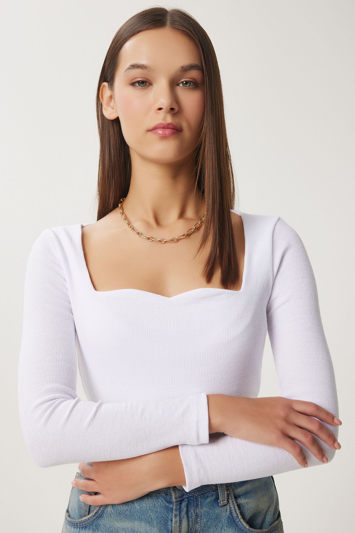 Woman White Heart Collar Wick Knitting Blouse GT00100