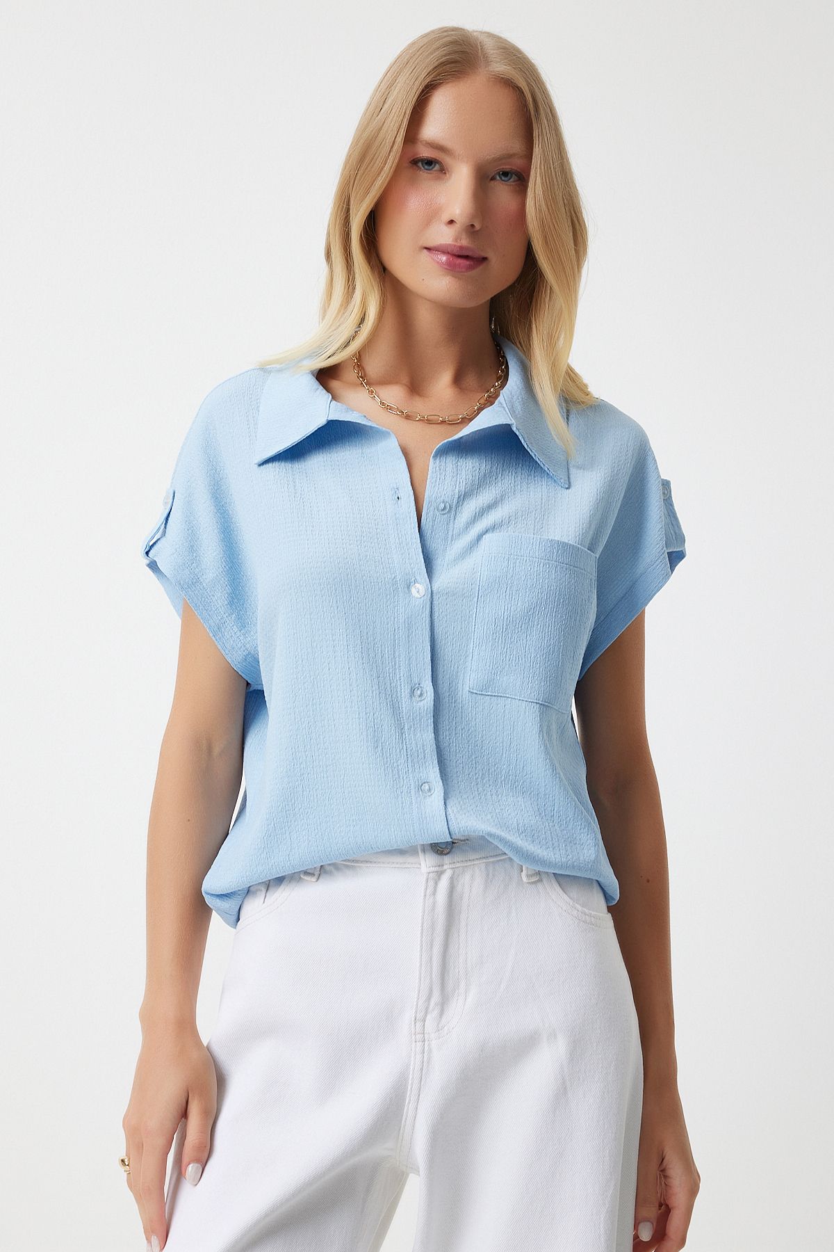 Female Sky Blue Pocket Casual Knitting Shirt DD01325