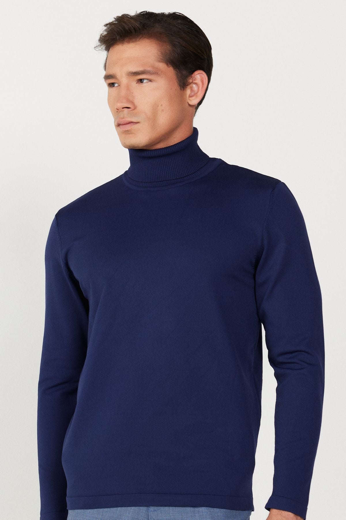 Men's navy blue standard fit normal cut full fisherman collar soft textured basic knitwear sweater