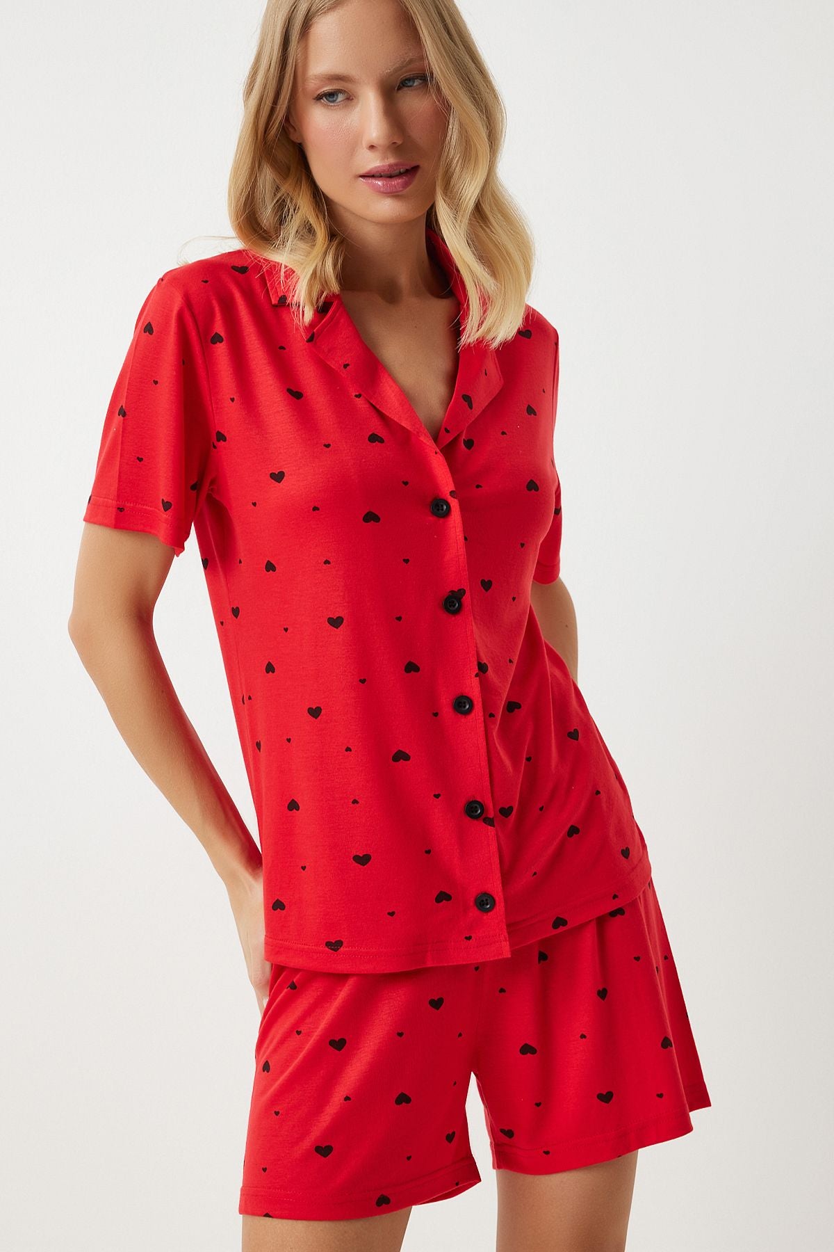 Female red -hearted viscose short shirt pajama set EC00035
