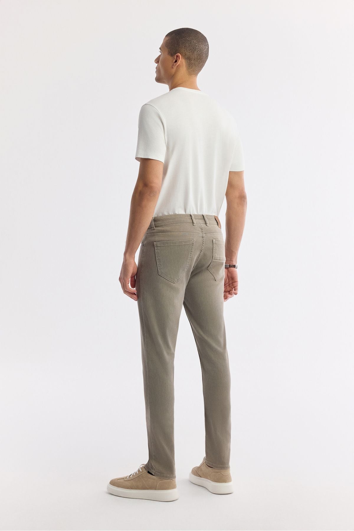 Men's Beige Stone Wash Knitting Slim Fit Denim Trousers A51y3516