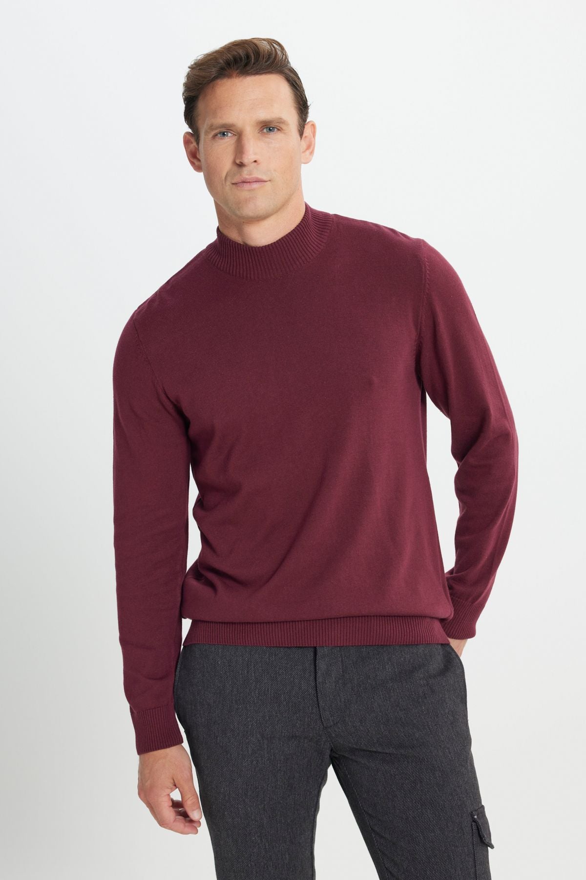 Men's Bordeaux Standard Fit Normal Cut Half Fisherman Collar Cotton Knitwear Sweater