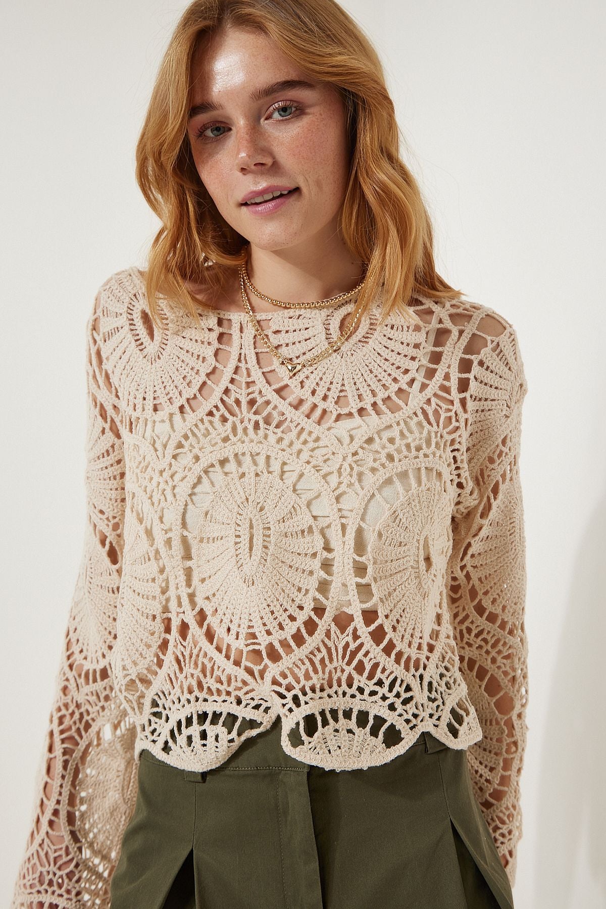 Women's Cream Lace Knitting Seasonal Triko Blouse ES00141