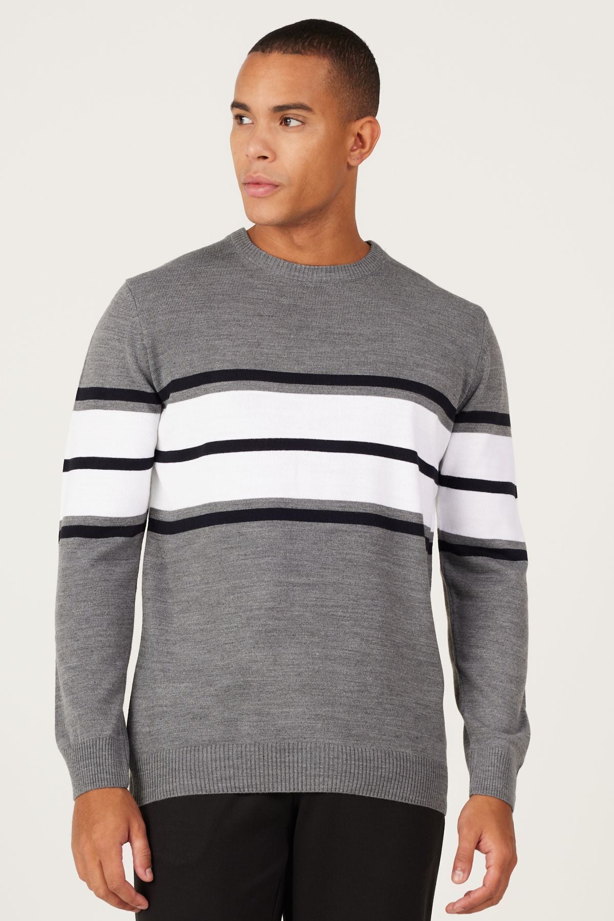 Men's Gray-Ekru Standard Fit Normal Cut Normal Cycling Cycling Yaka striped knitwear sweater