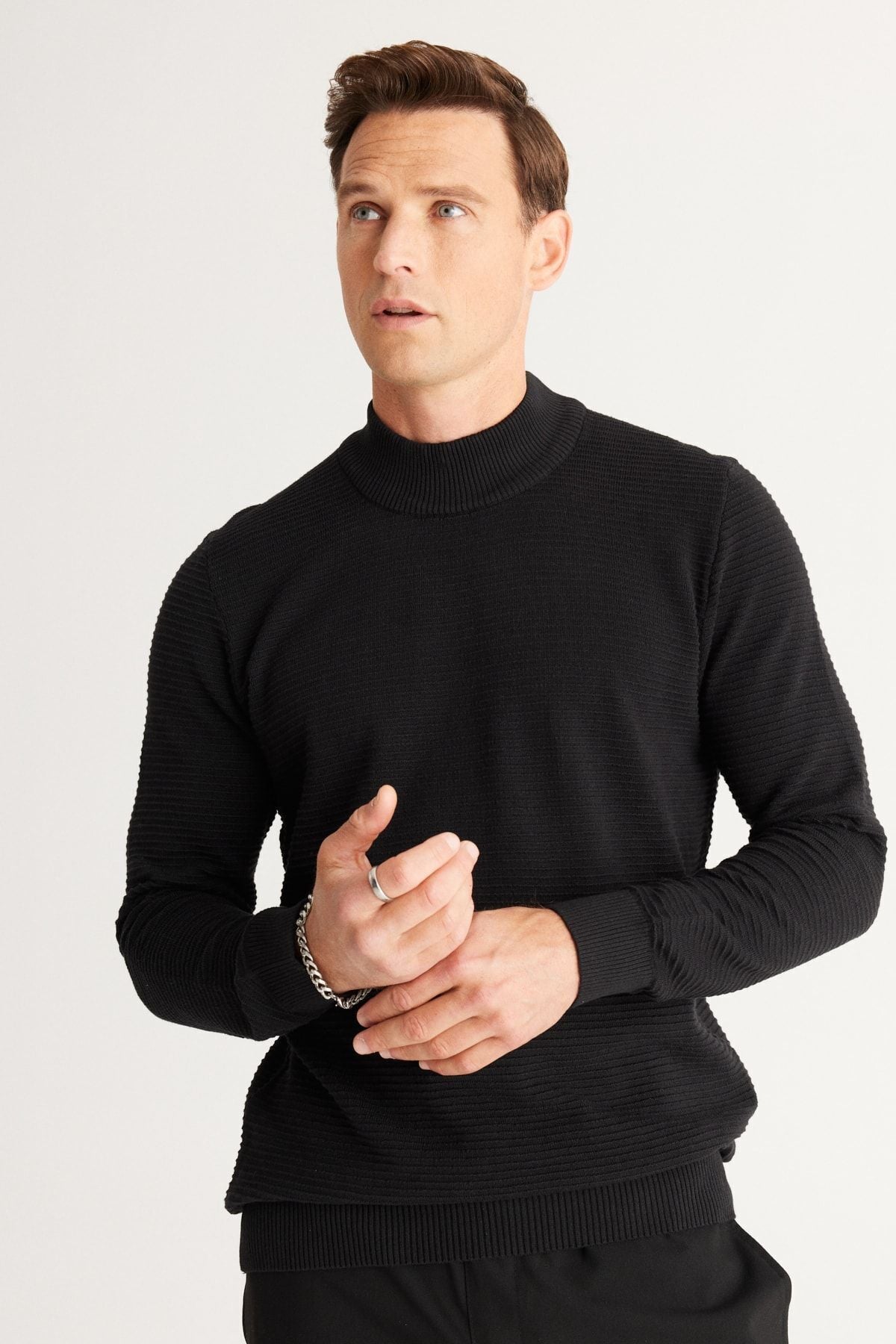 Men's black standard fit half fisherman collar cotton patterned knitwear sweater