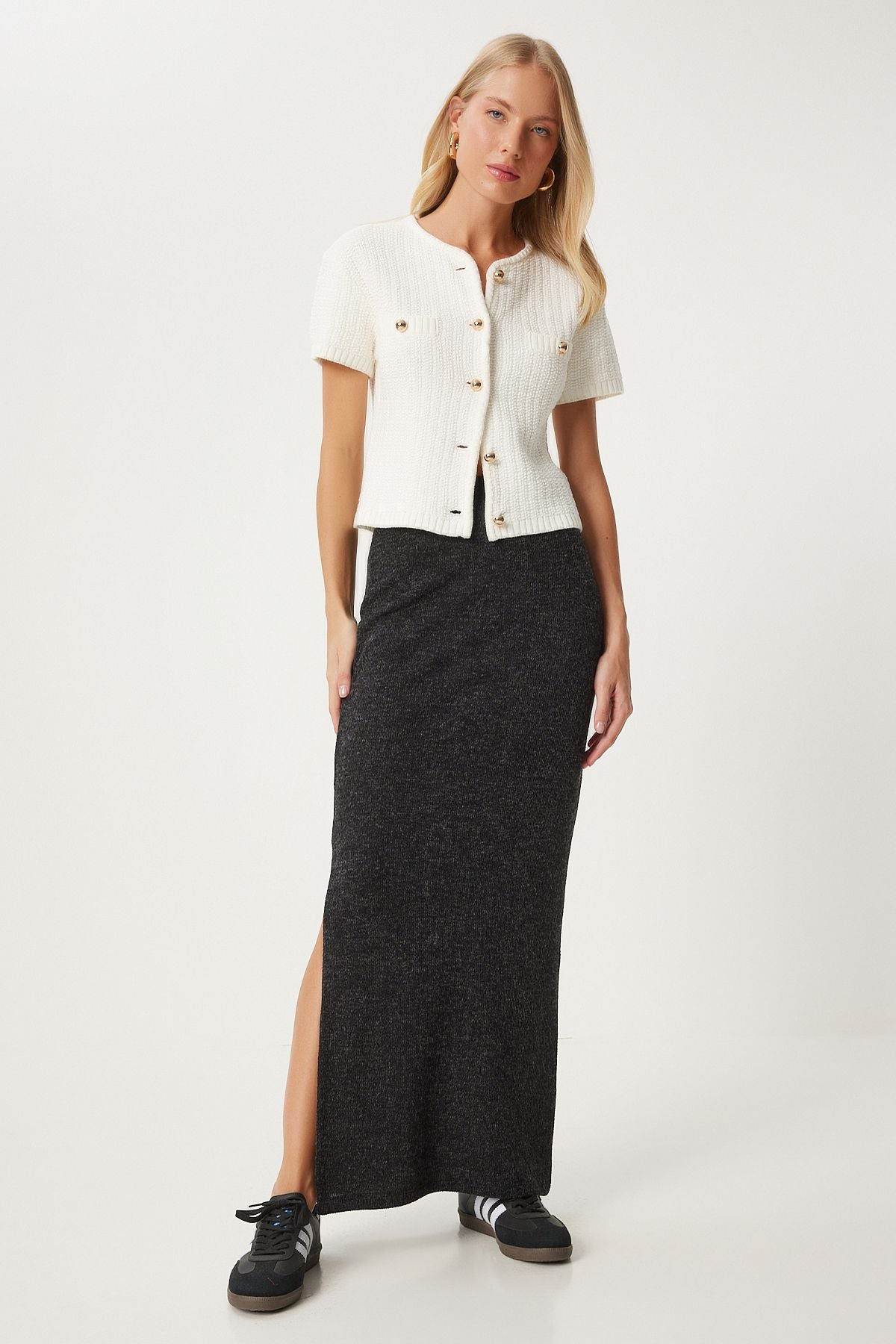 Woman anthracite slit long knitted skirt FN03327