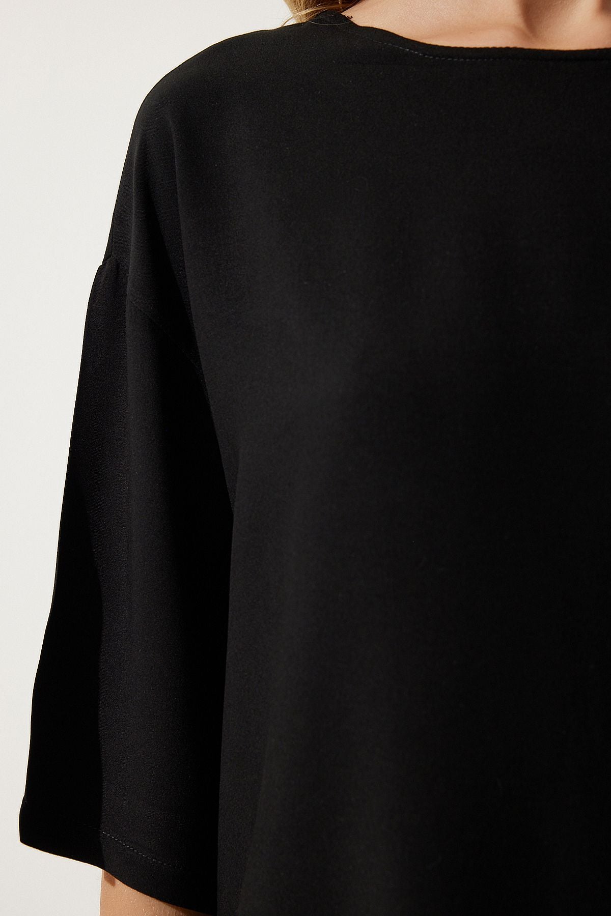 Female black bike collar draped viscose blouse RC00152