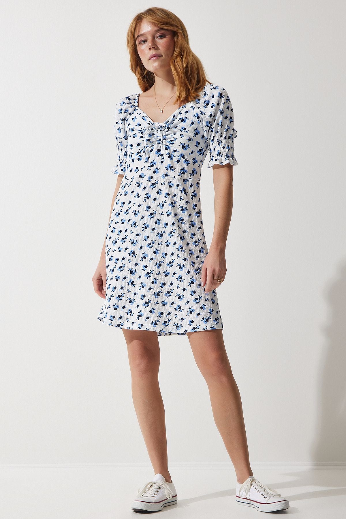 Woman White Shirred V -Neck Patterned Knitting Dress ZV00267