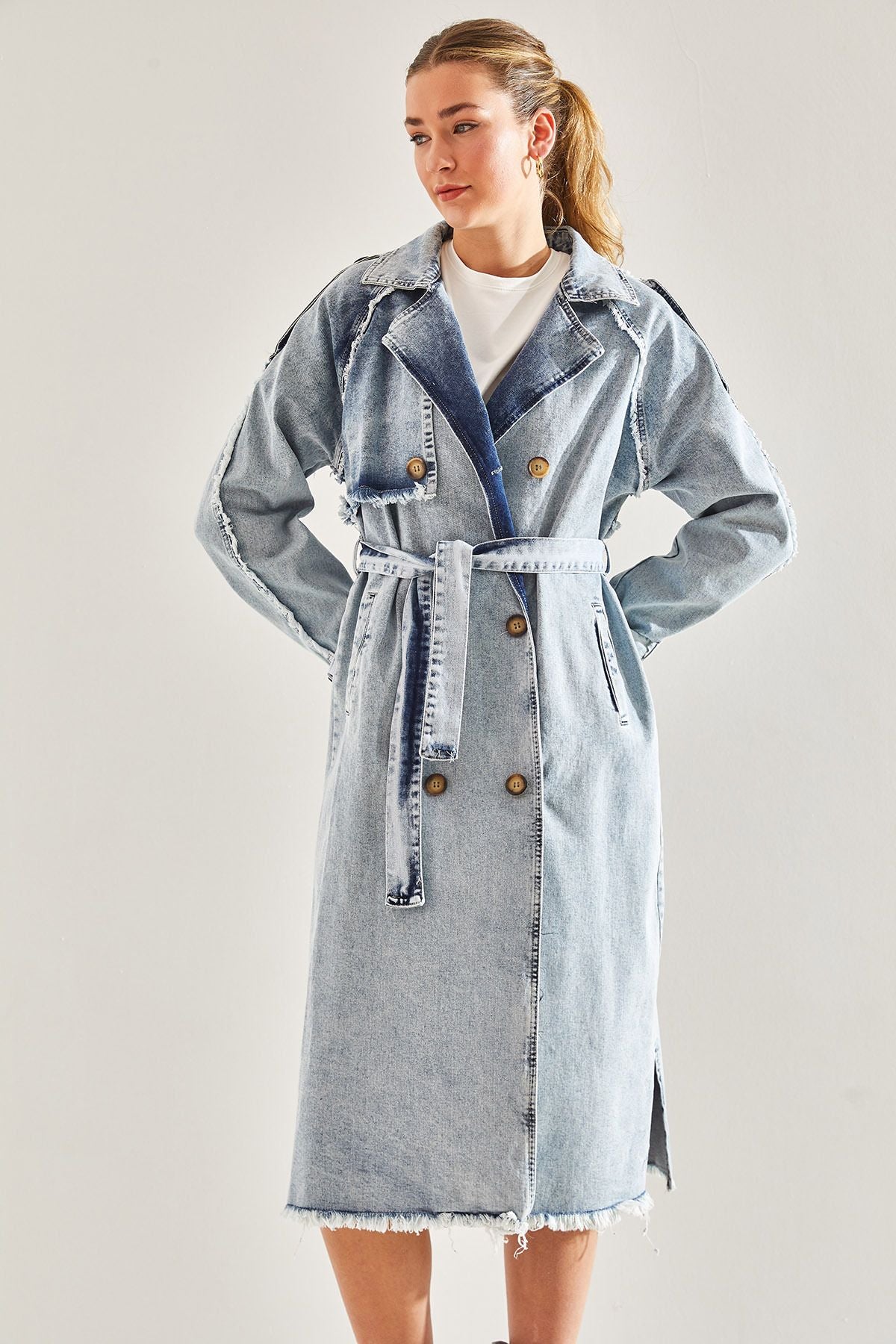 WOMEN'S APOLICED BEDED Jeans Trench Coat 60181038