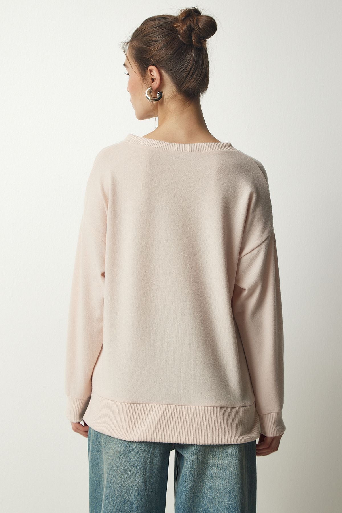 Women's Cream V neck Yumoş Knitting Sweater UB00197
