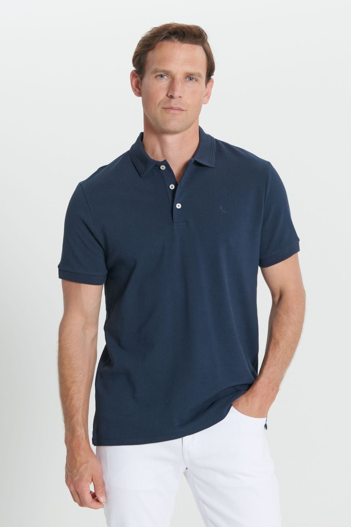 Men's navy blue slim fit narrow cut polo collar 100 %cotton short sleeve t -shirt