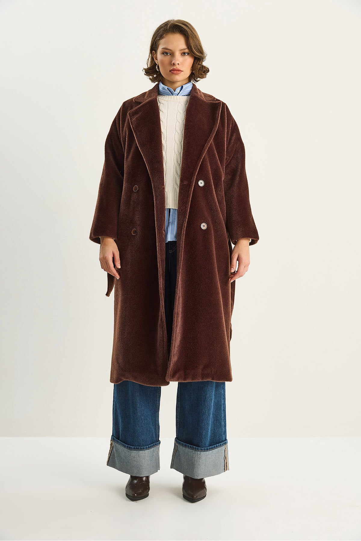 Women's Bearded Soft Textured Double Breasted Collar Lined Pocket Detailed Belted Coat 7021 60283753