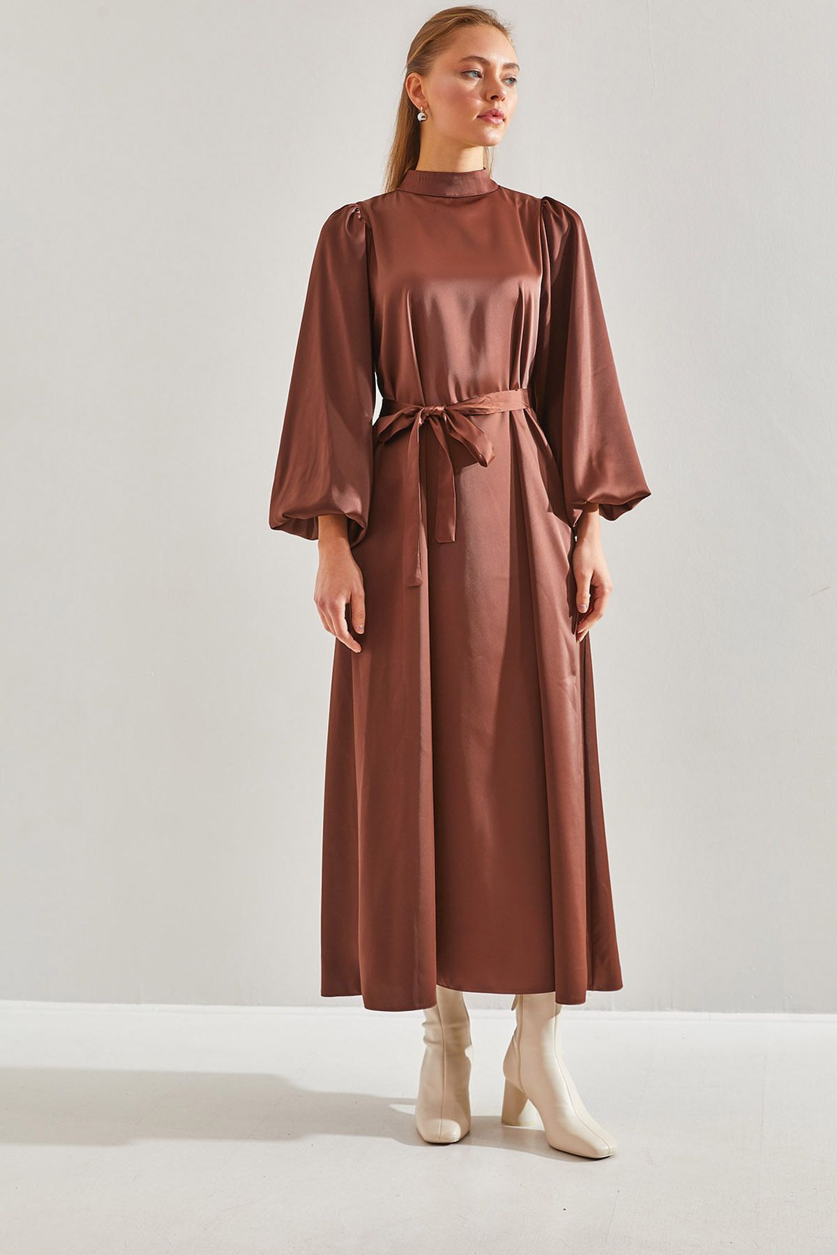 Female Balloon Sleeve Satin Hijab Dress 60151001