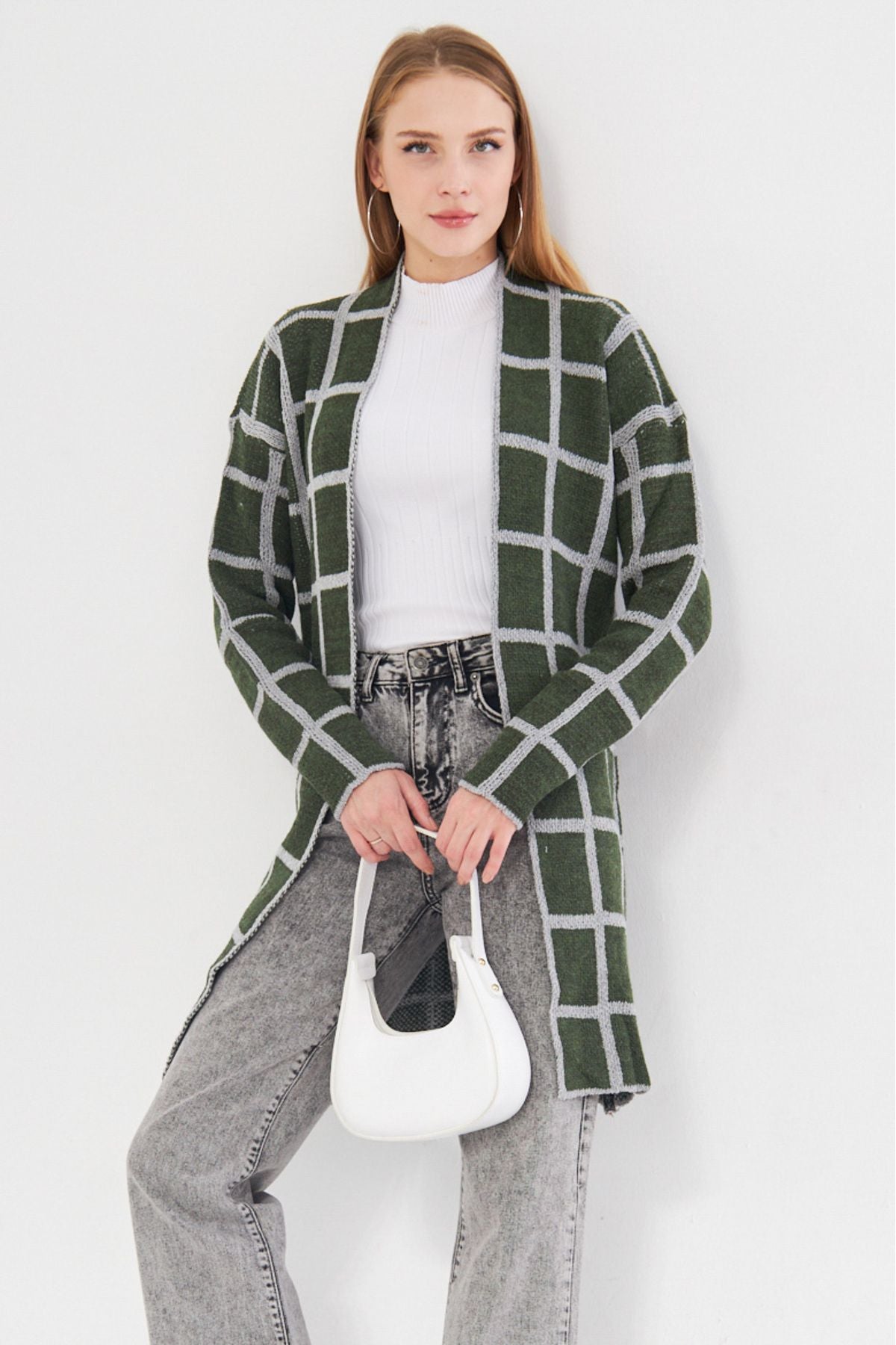 Women's Green Square Patterned Long Knitwear Cardigan ARM-25K012007