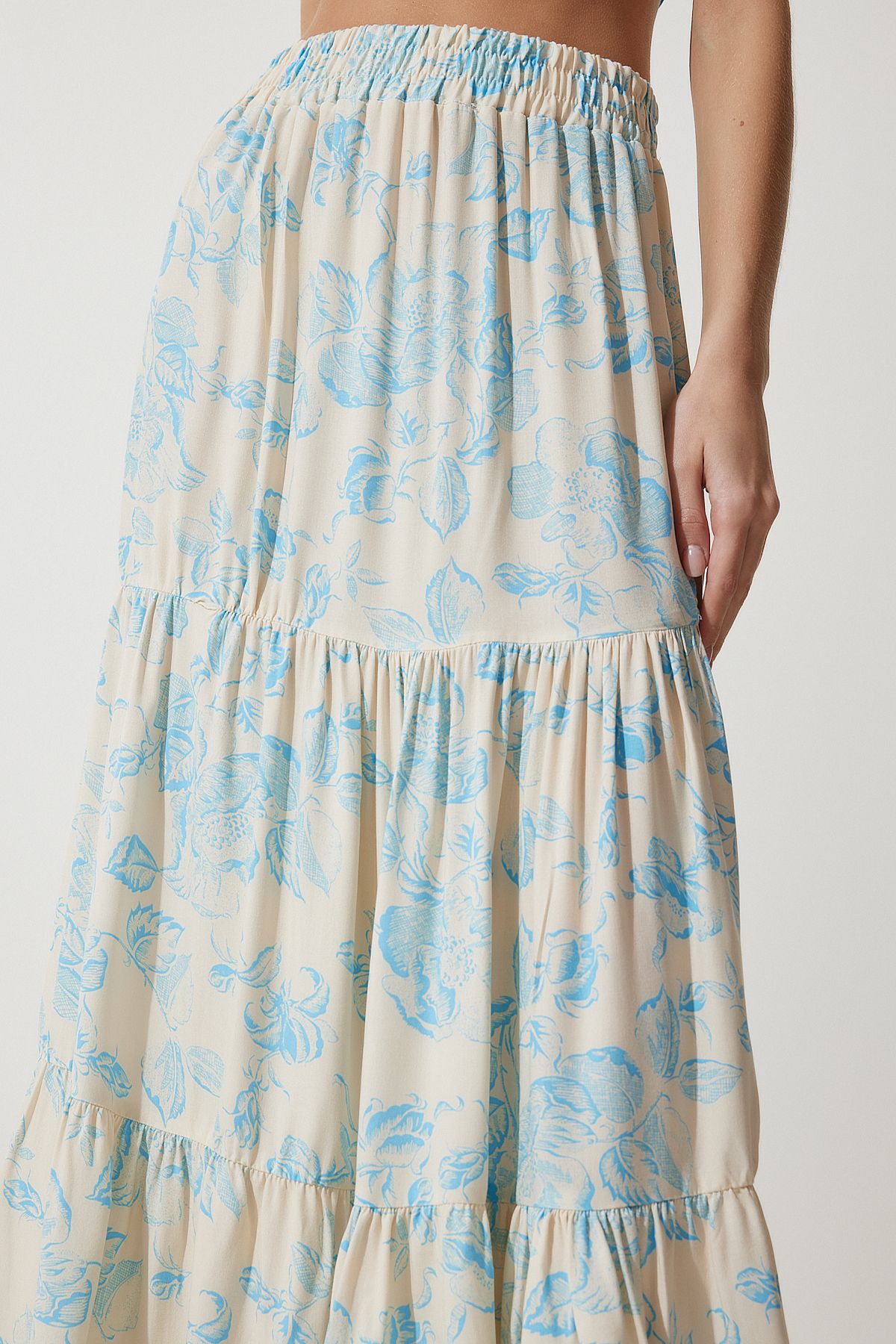 Women's Cream Blue Flower Patterned Volan viscose skirt DD01310