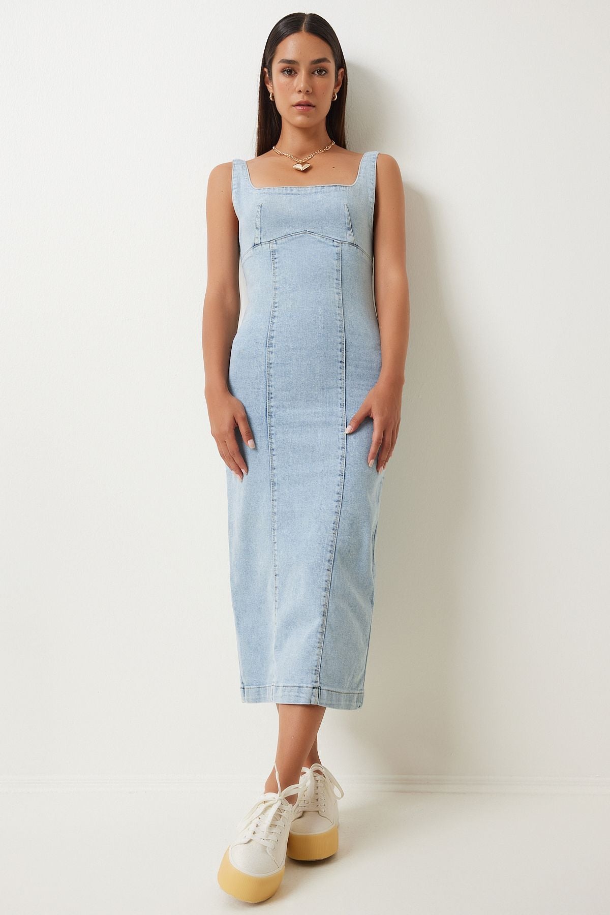 Woman Light Blue Zippered Midi Denim Dress Ok00061