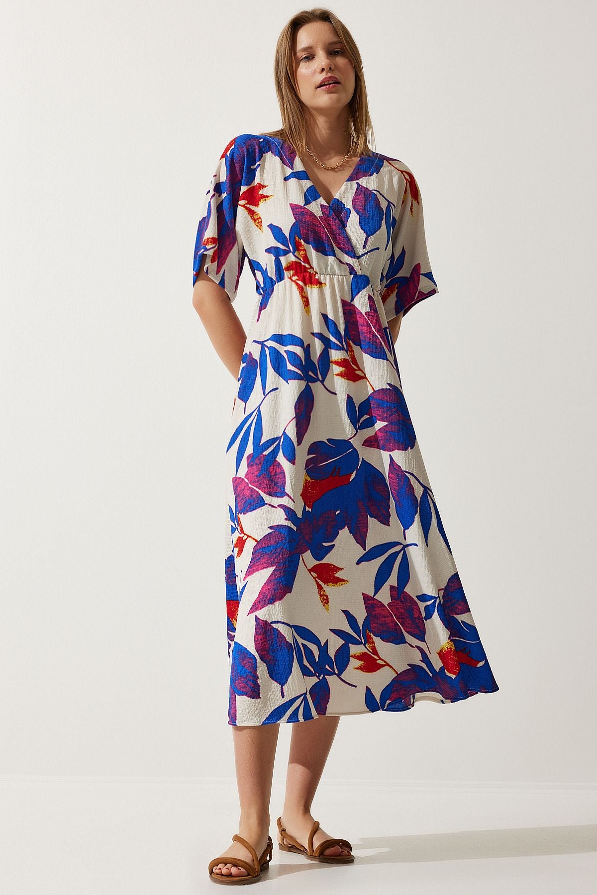 Woman Ecru Blue Anvelop Yaka Patterned Knitting Dress DK00167
