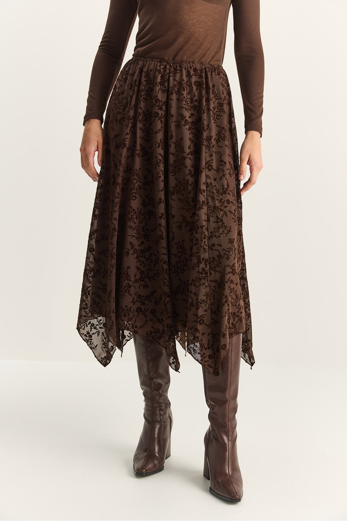 Women's Velvet Patterned Lined Asymmetrical Cut Midi Skirt with Elastic Waist DE251125 60283880