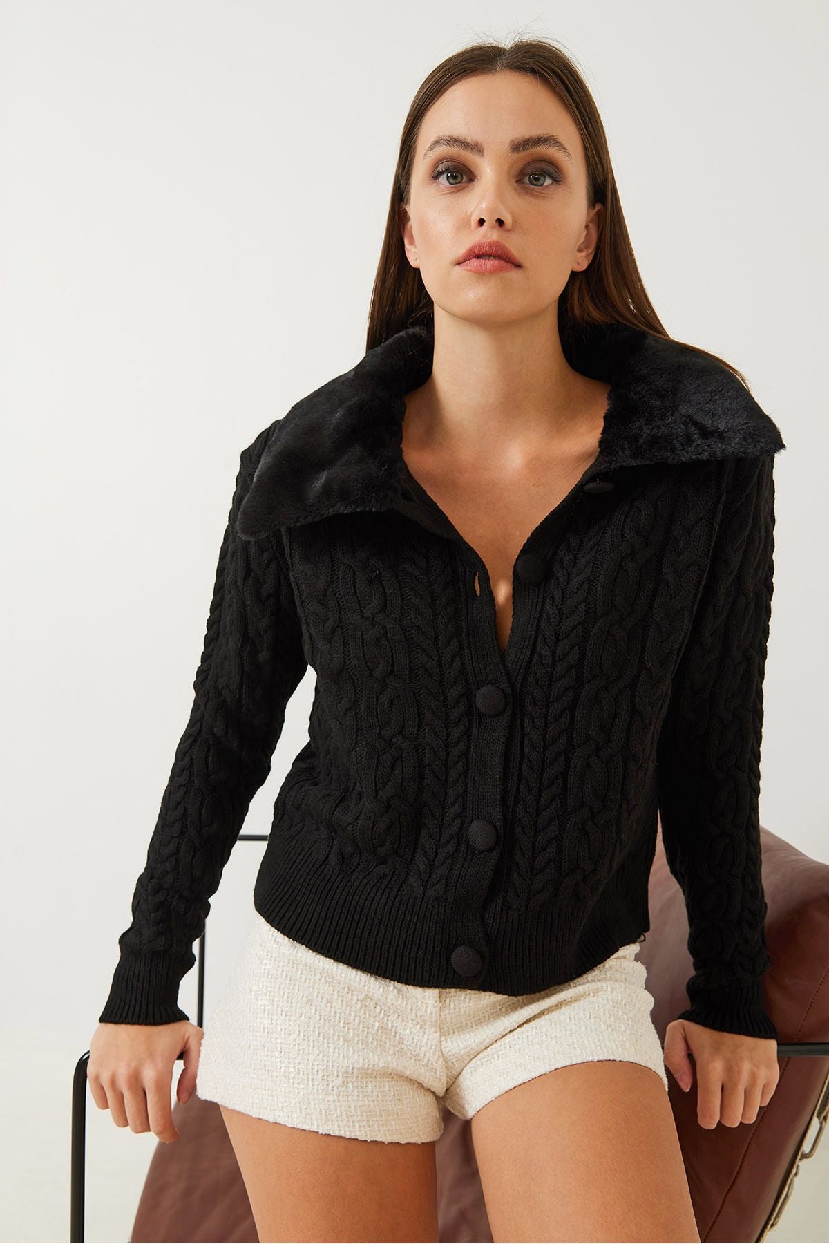 WOMEN'S BRANKED BRAKE FURNED knitwear cardigan