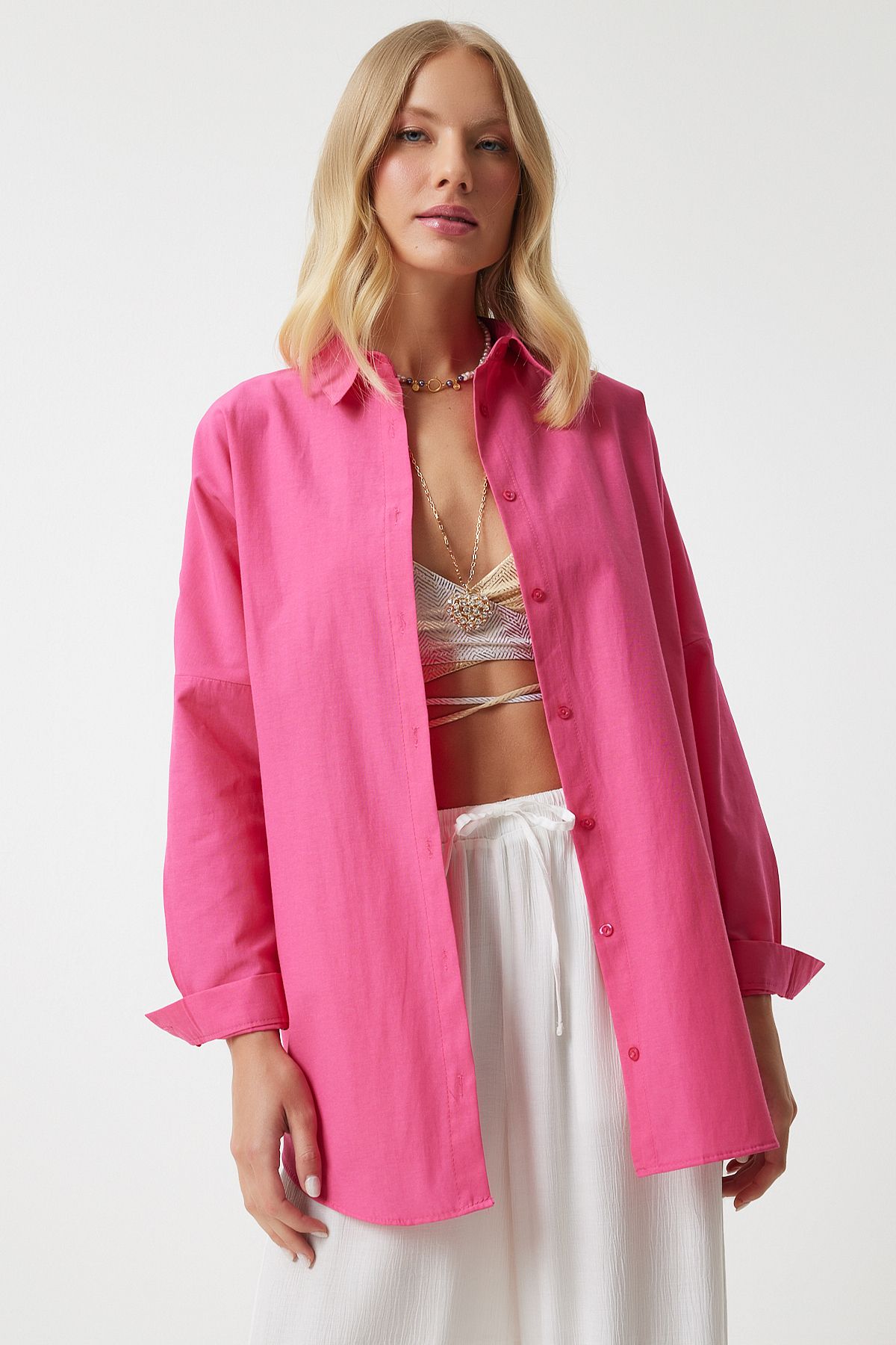 Woman Dark Pink Oversize Long Basic Shirt DD00842