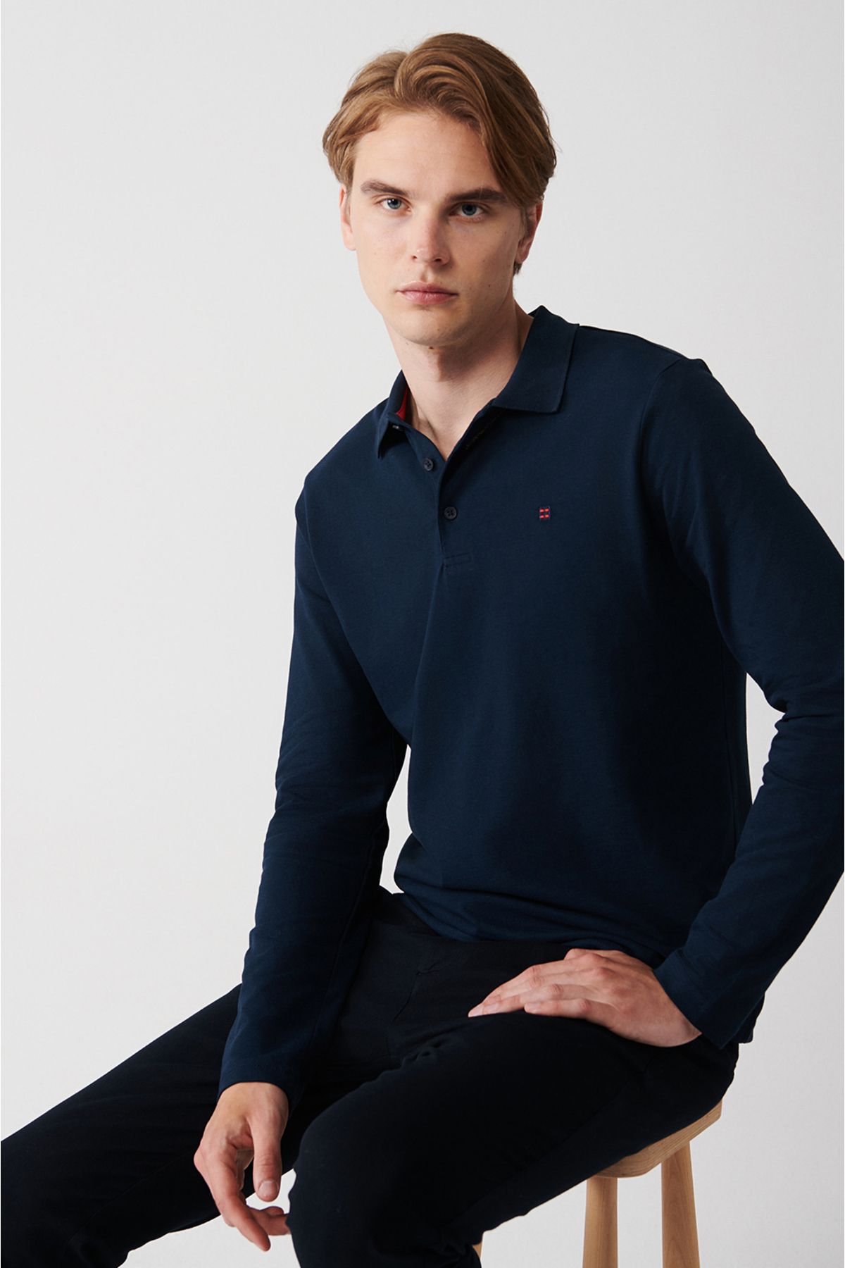 Men's Navy Blue Sweatshirt 3 Button Polo Collar 100% Cotton Basic Regular Fit E001003