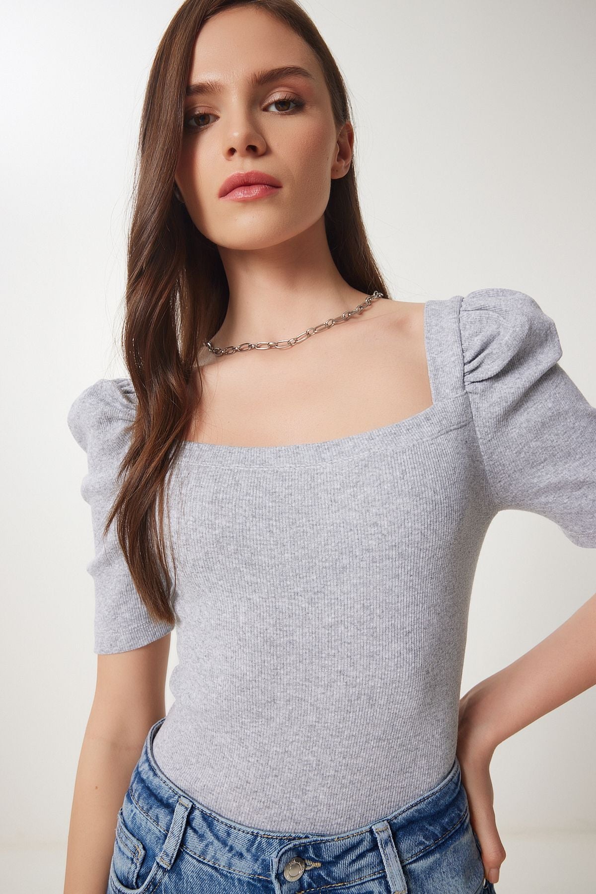 Women's Gray Melanj Dark Blue 2 Package Square Collar Crop Blouse GT00233
