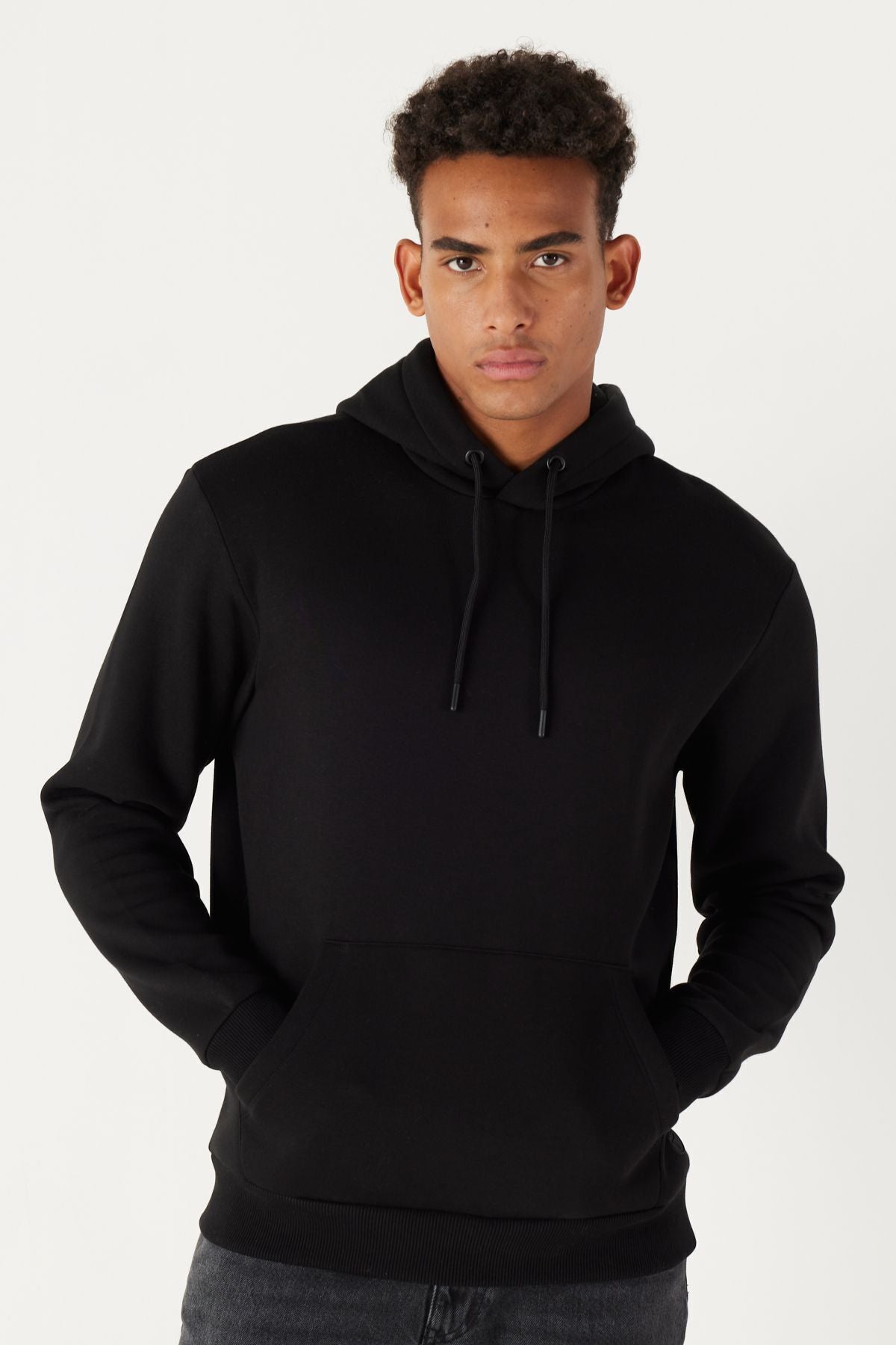 Men's Black Standard Fit Normal Normal Cut Içi Polar 3 IP hooded cotton sweatshirt