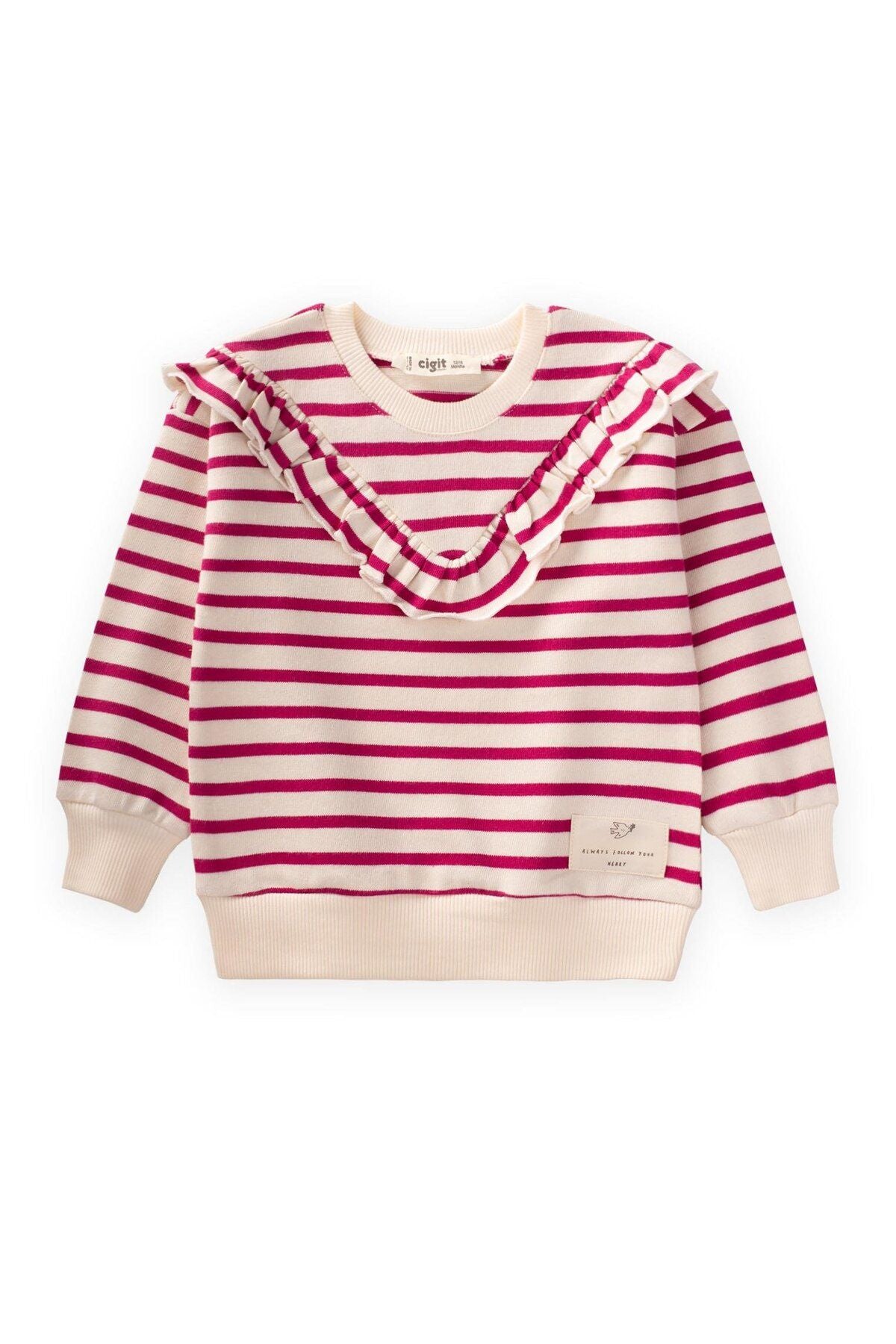 Ruffle detailed striped knitwear girl sweatshirt 1-8 age fuchsia