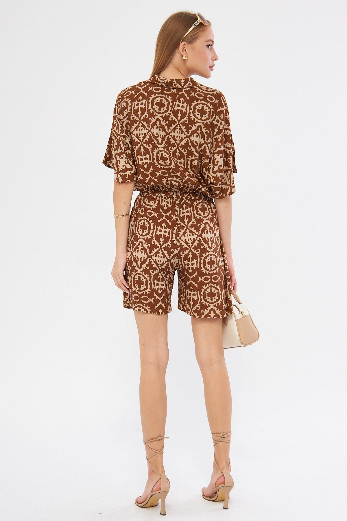 Woman Taba Shirt Cep Patterned Short Jumpsuit Arm-24Y001023