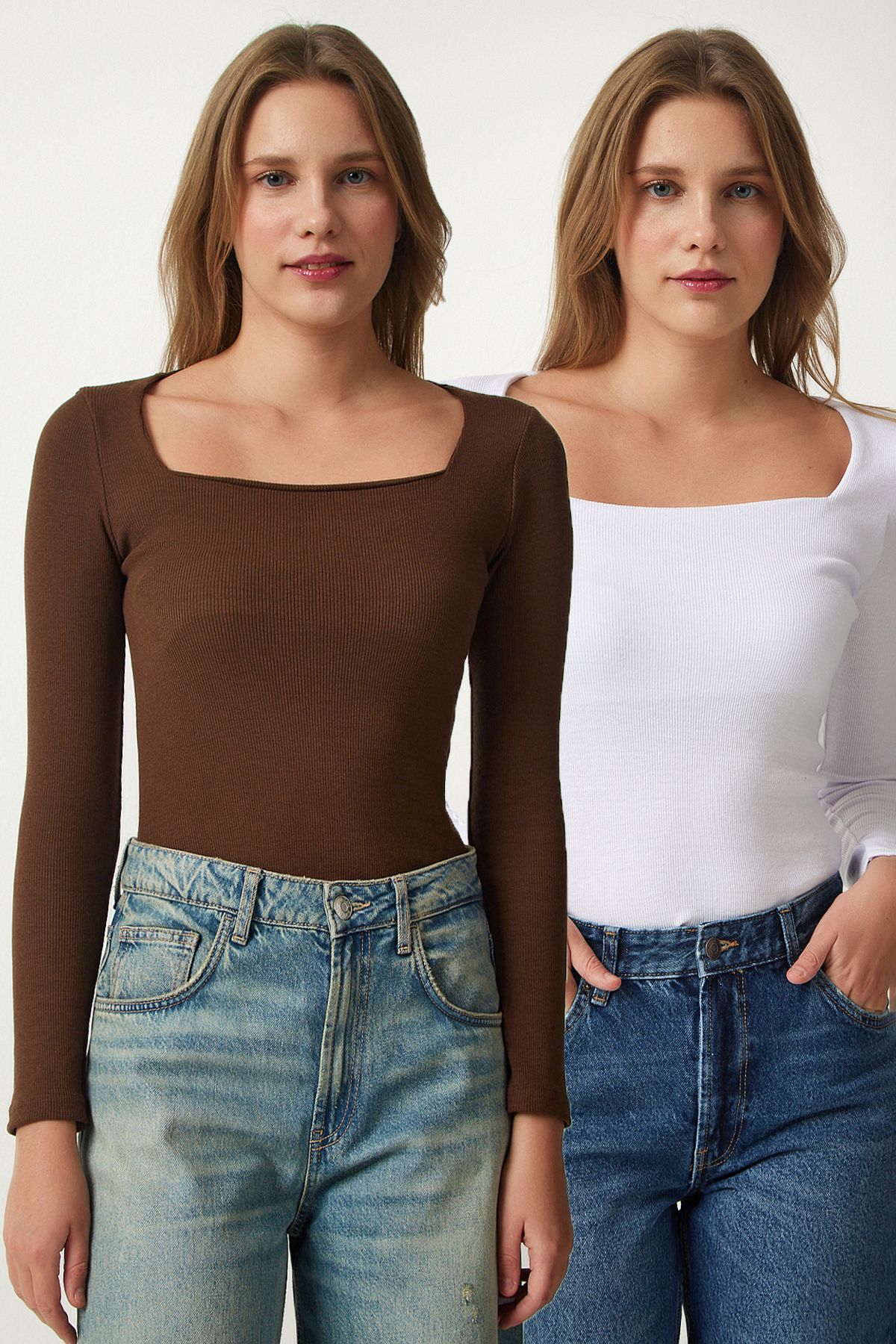 Female Brown White Square Collar 2 Pack Knitting Blouse GT00056