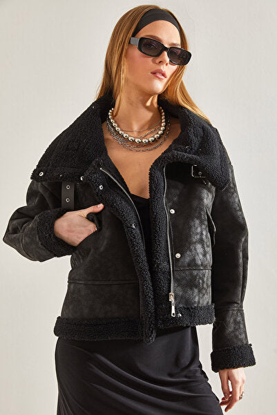 Women's Collar Buckle Laminated Short Coat 2300 60101003