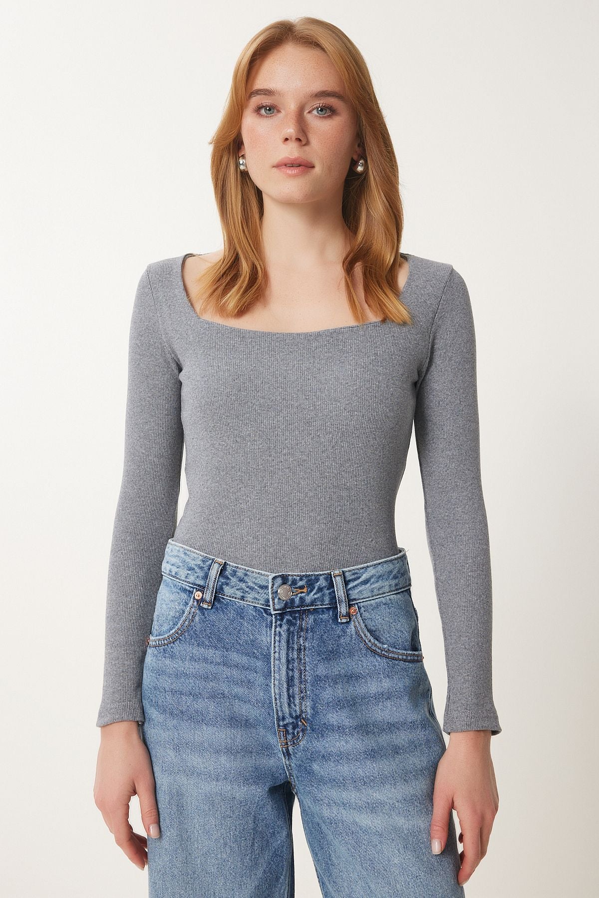 Women's Gray Square Collar Vumor Knitting Blux GT00052